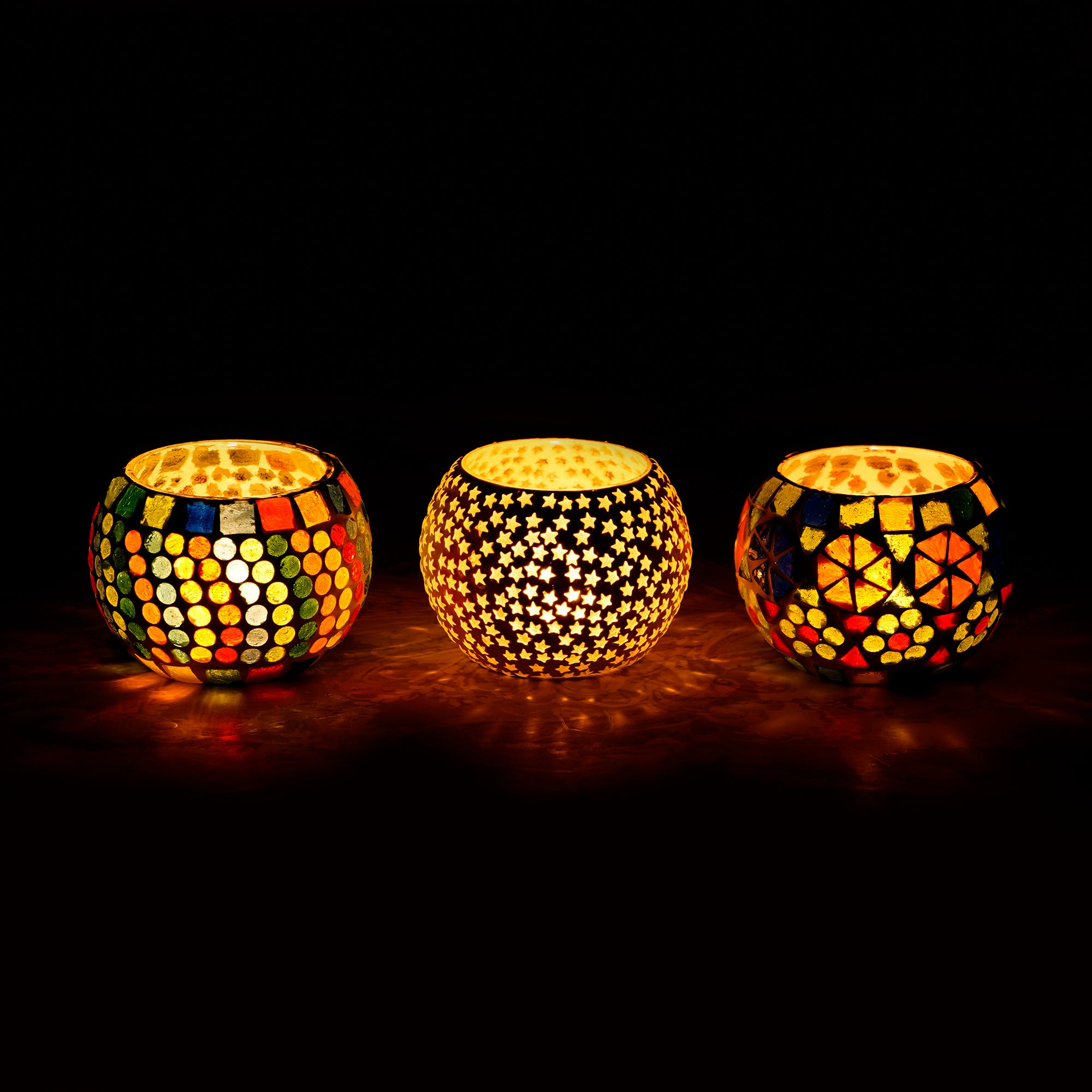 Set of 3 Mosaic Glass tea light candle holder/Diya 1