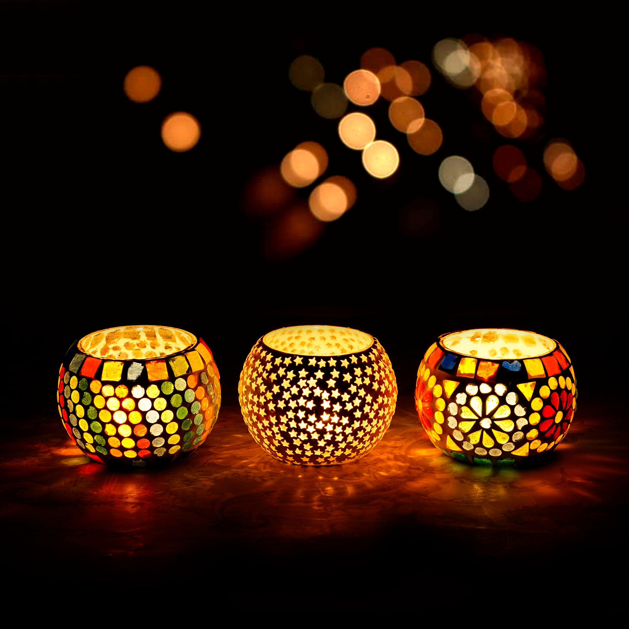 Set of 3 Mosaic Glass Decorative tea light candle holders/Diyas