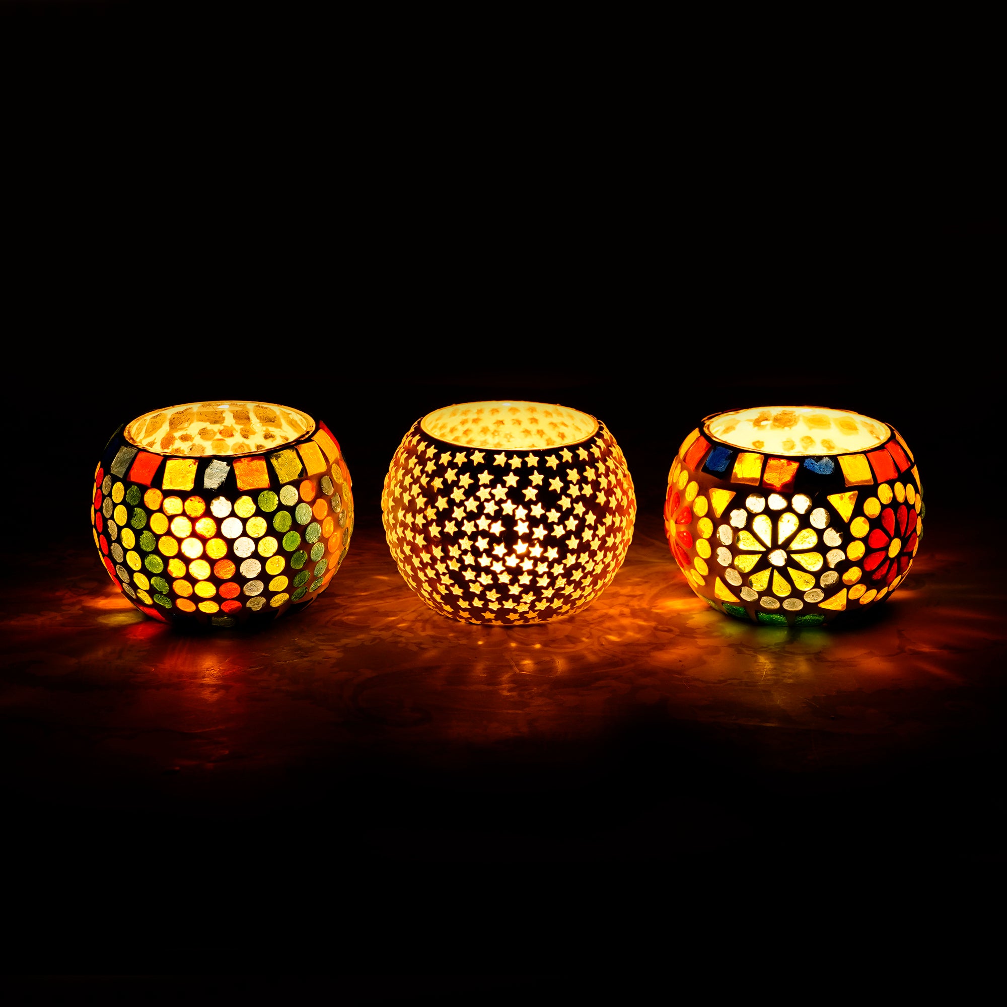 Set of 3 Mosaic Glass Decorative tea light candle holders/Diyas 1