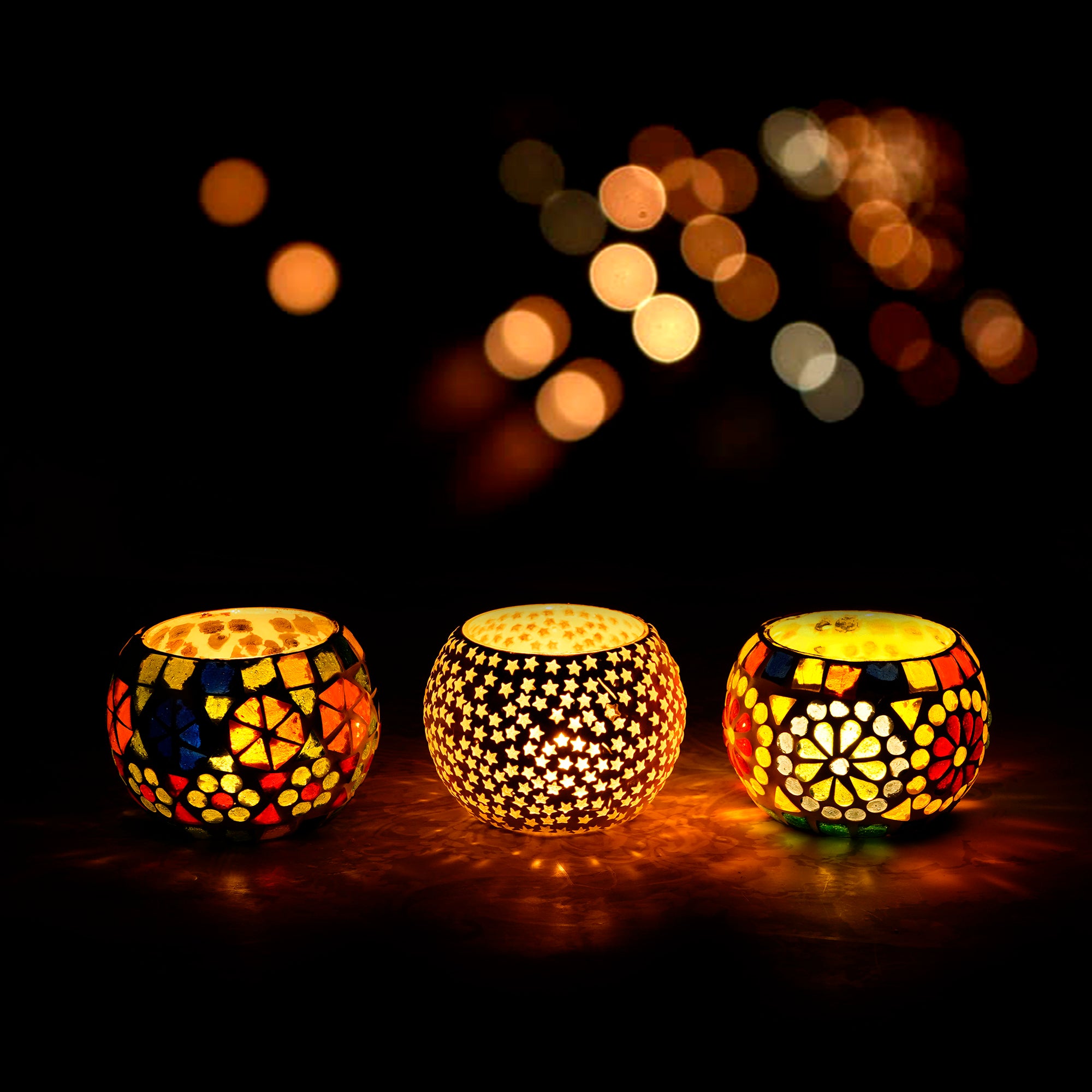 Set of 3 Mosaic Glass Decorative tealight candle holder/Diya