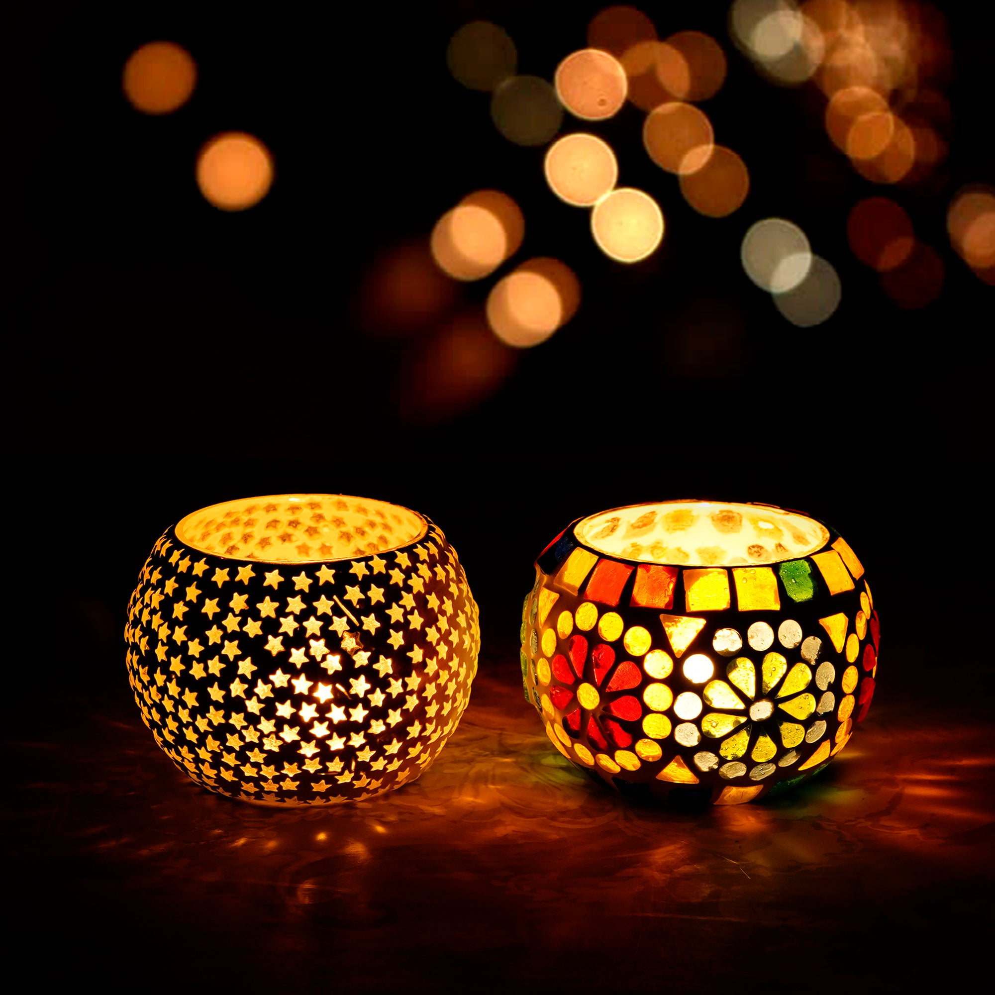 Set of 2 Mosaic Glass Decorative Tea Light Holder/Diya