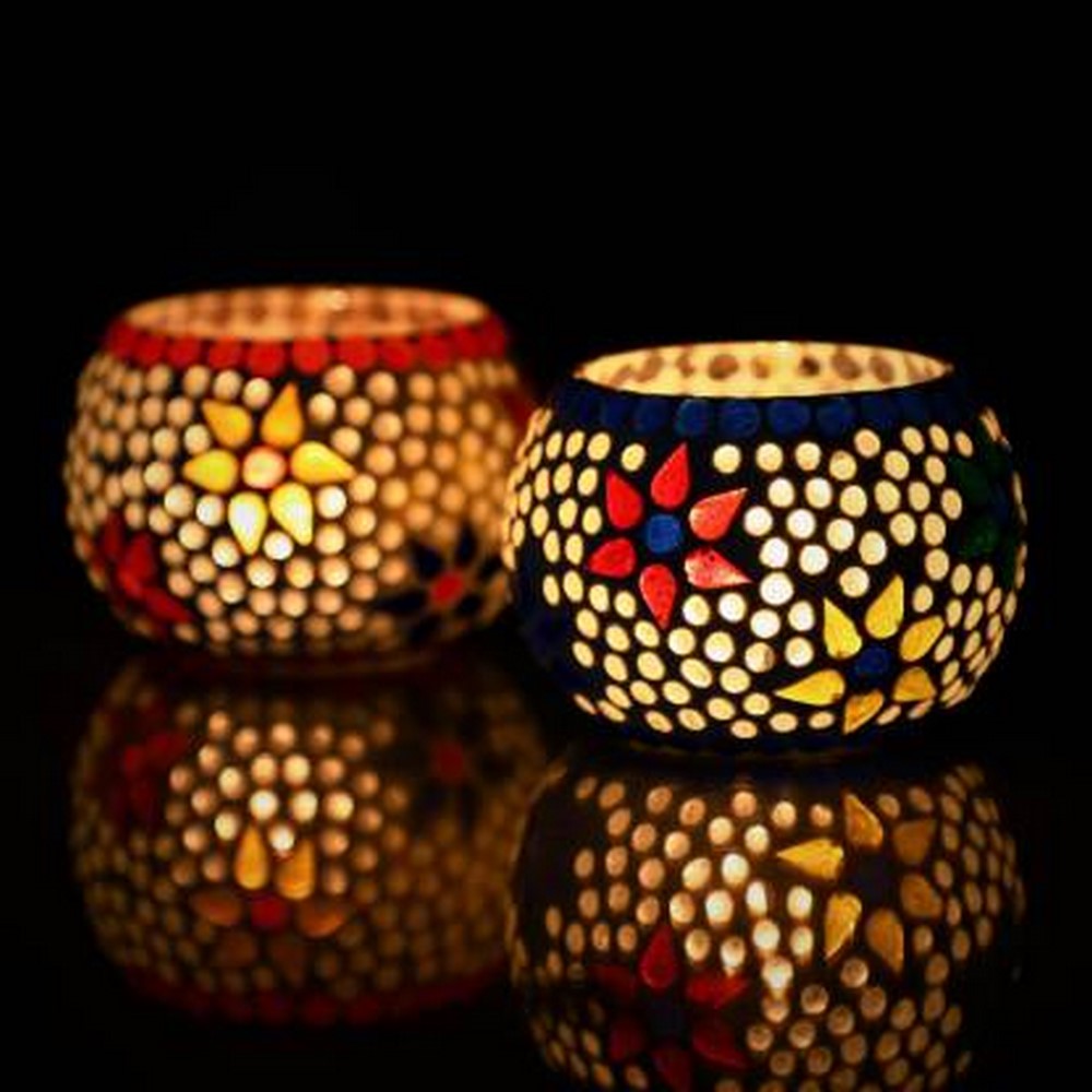 Set of 2 Mosaic Glass Decorative tea light candle holder ( Blue and Red )