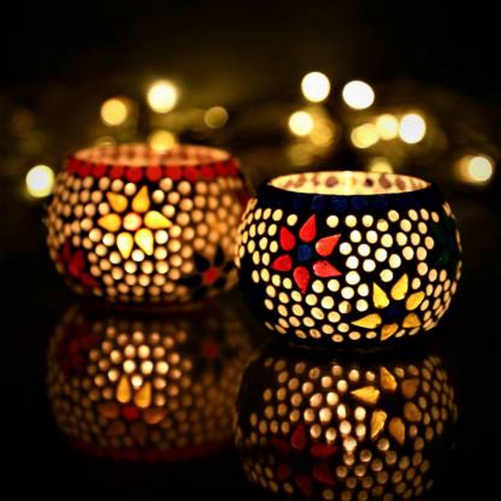 Set of 2 Mosaic Glass Decorative tea light candle holder ( Blue and Red ) 1
