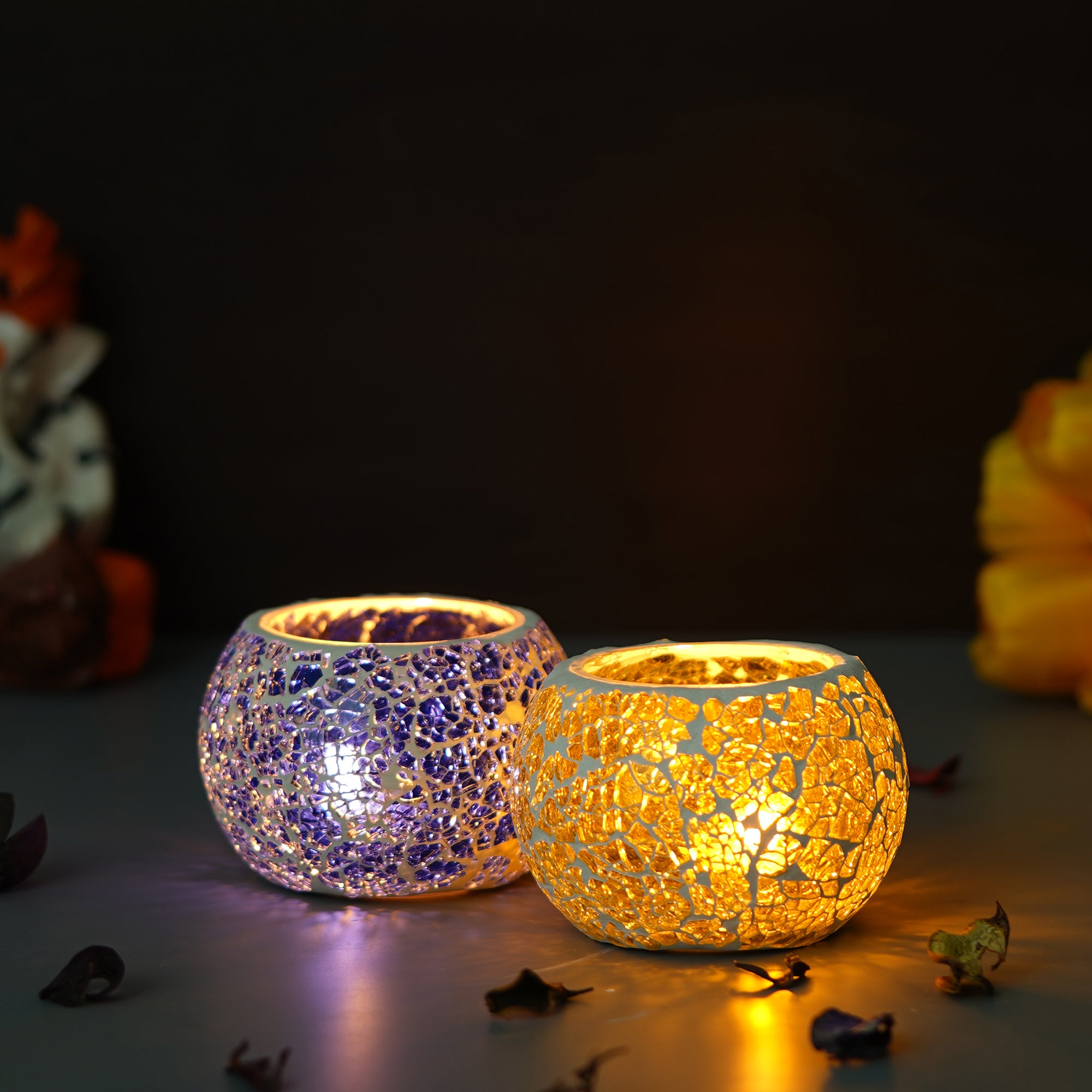 Purple & Yellow Set of 2 Mosiac Glass Decorative Tea Light Holder/diya 1