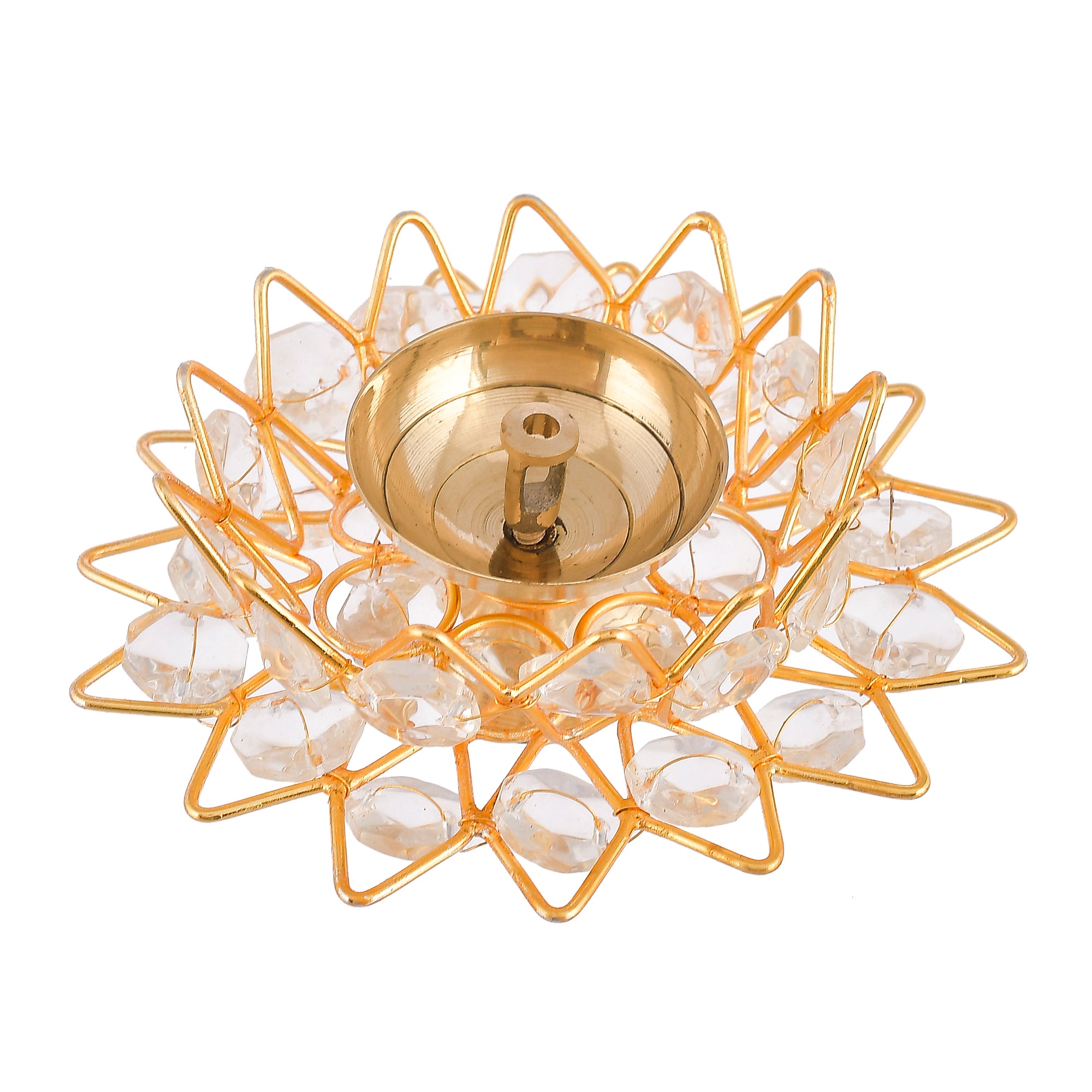 White & Golden Lotus Shaped Crystal Brass Tea Light Holder