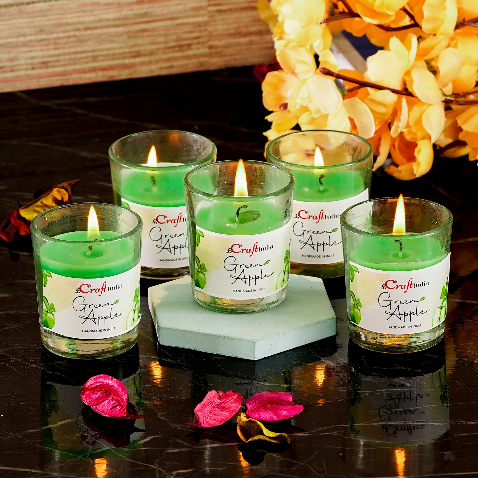Set of 5 Green Apple Scented Glass Candle