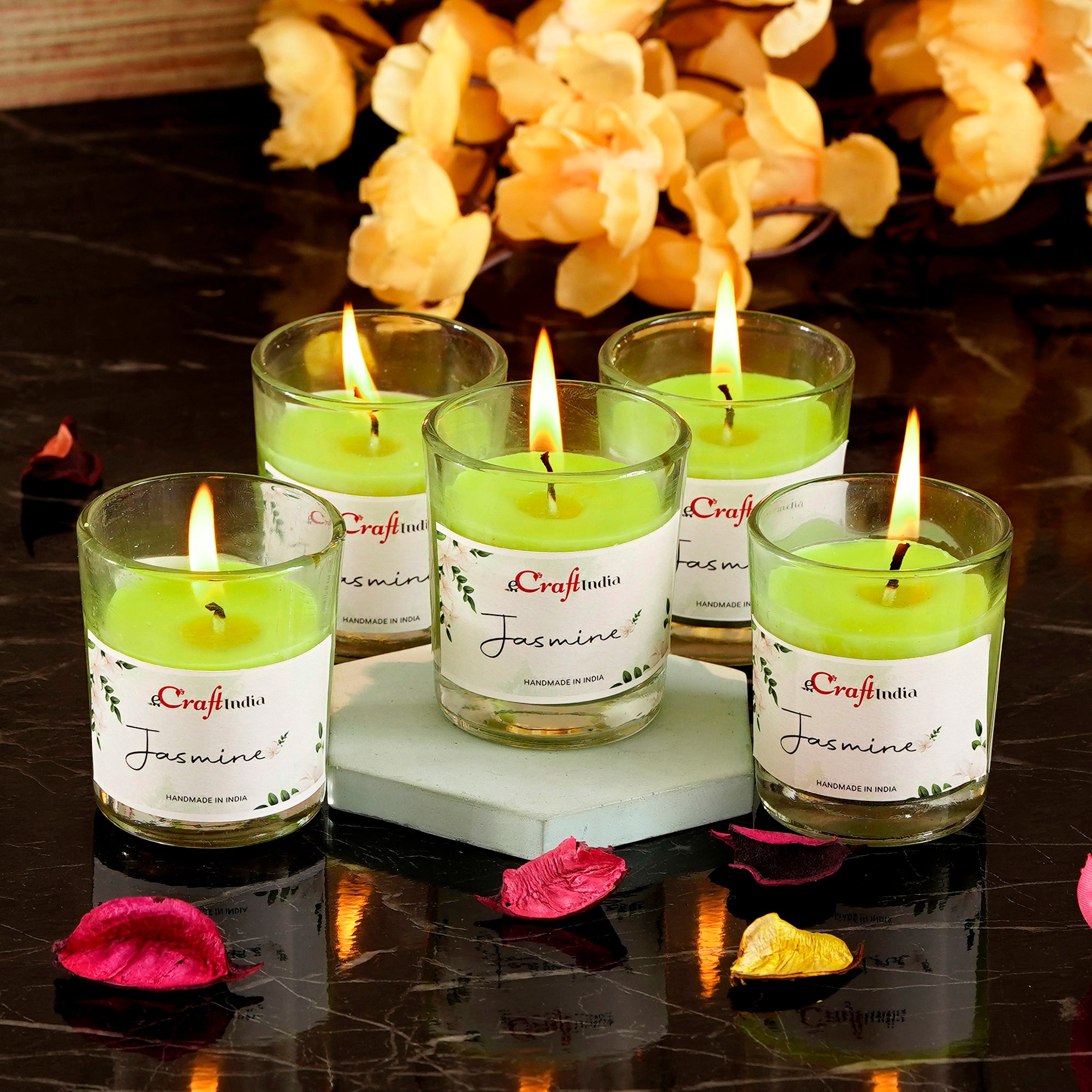 Set Of 5 Glass Jasmine Scented Candles