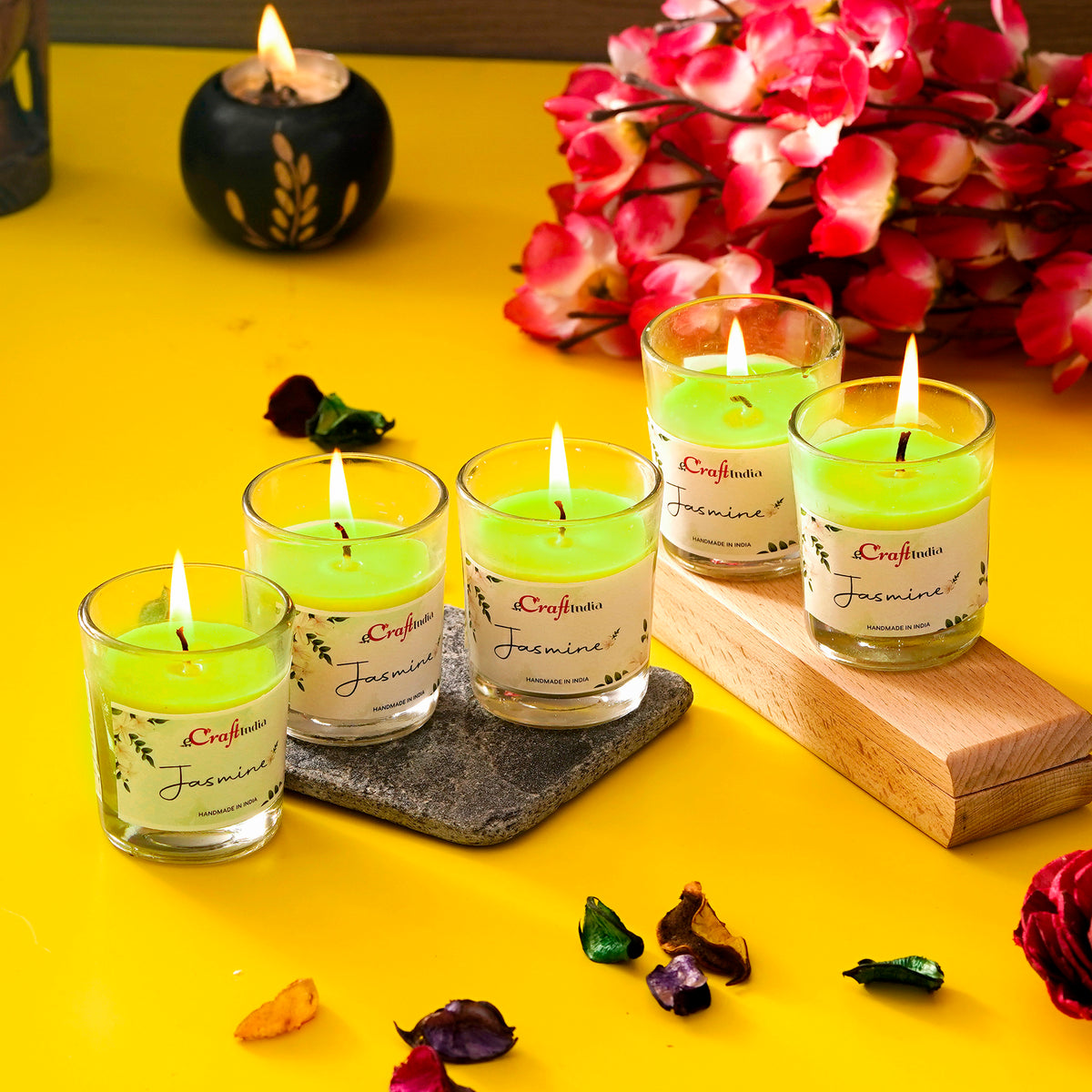 Set of 5 Jasmine Scented Glass Candle - eCraftIndia Online