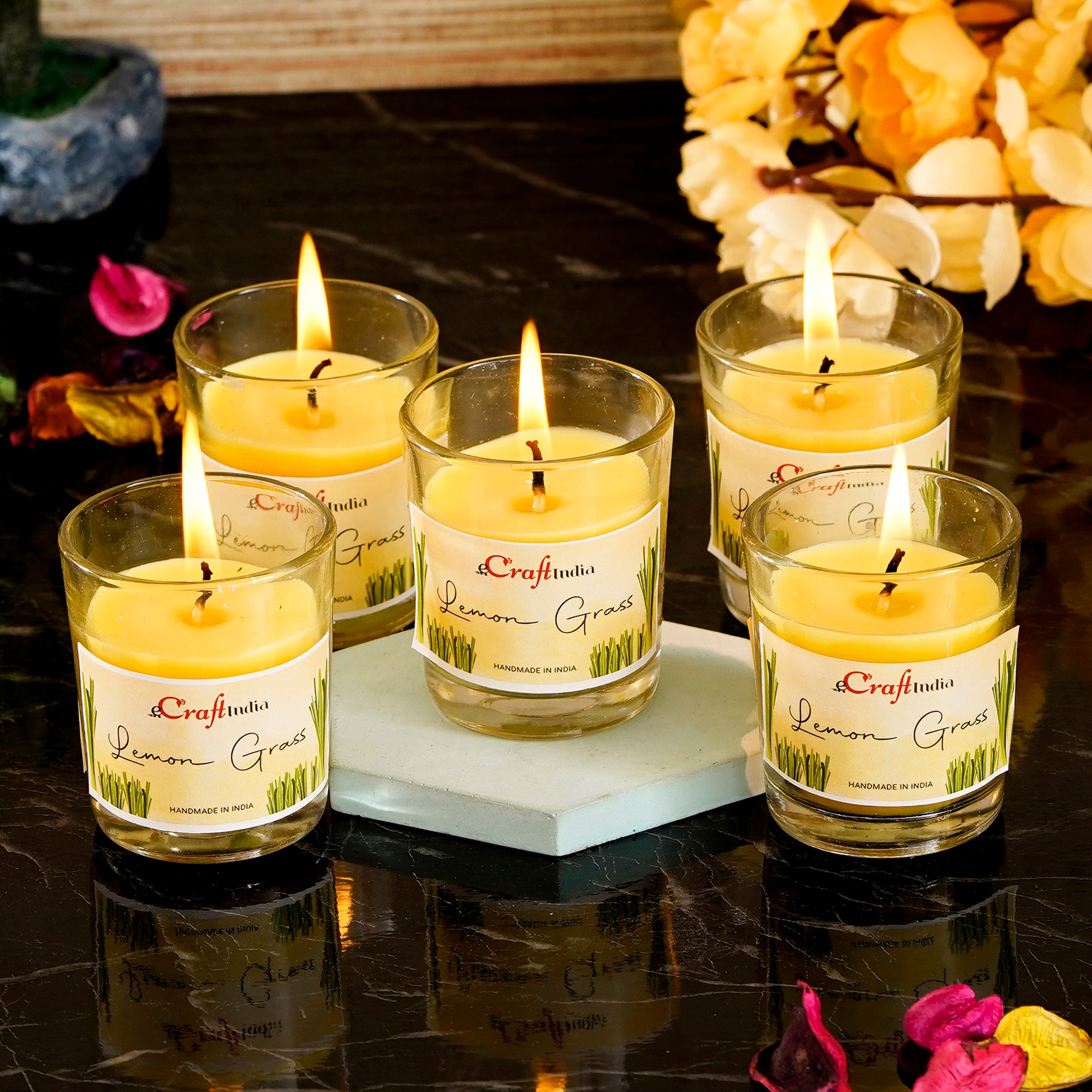 Set Of 5 Glass Lemon Scented Candles