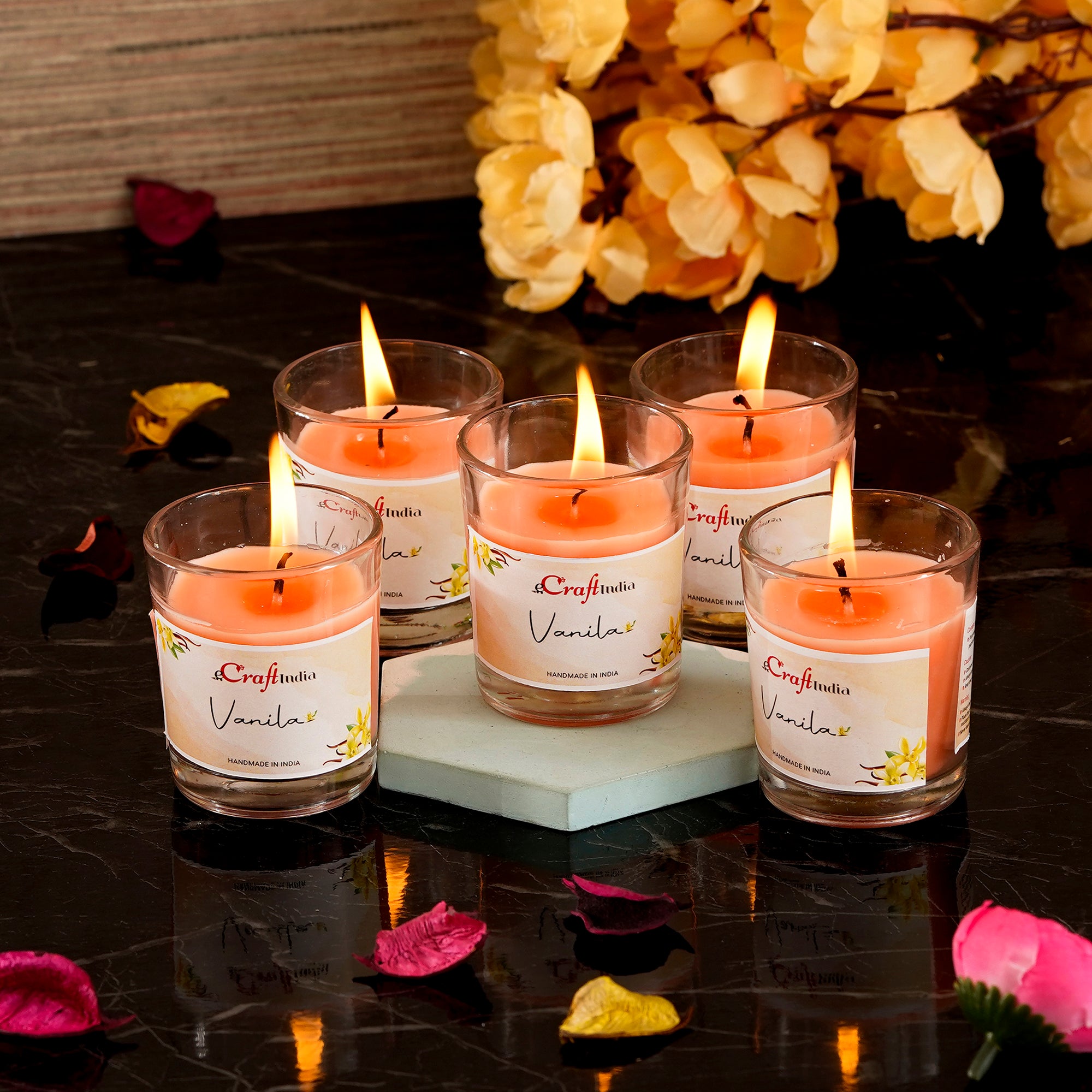 Set Of 5 Glass Vanilla Scented Candles