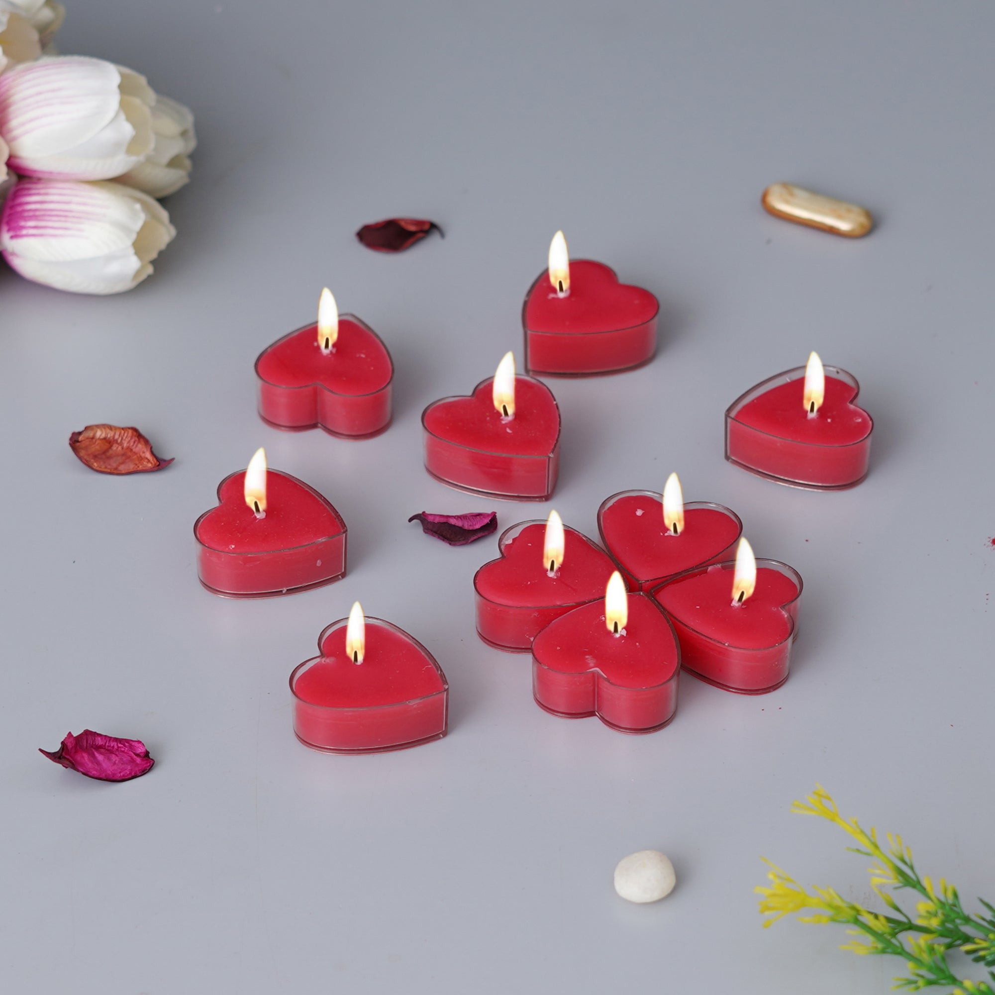 Set Of 10 Romantic Heart Shaped Rose Scented Tea Light Candles