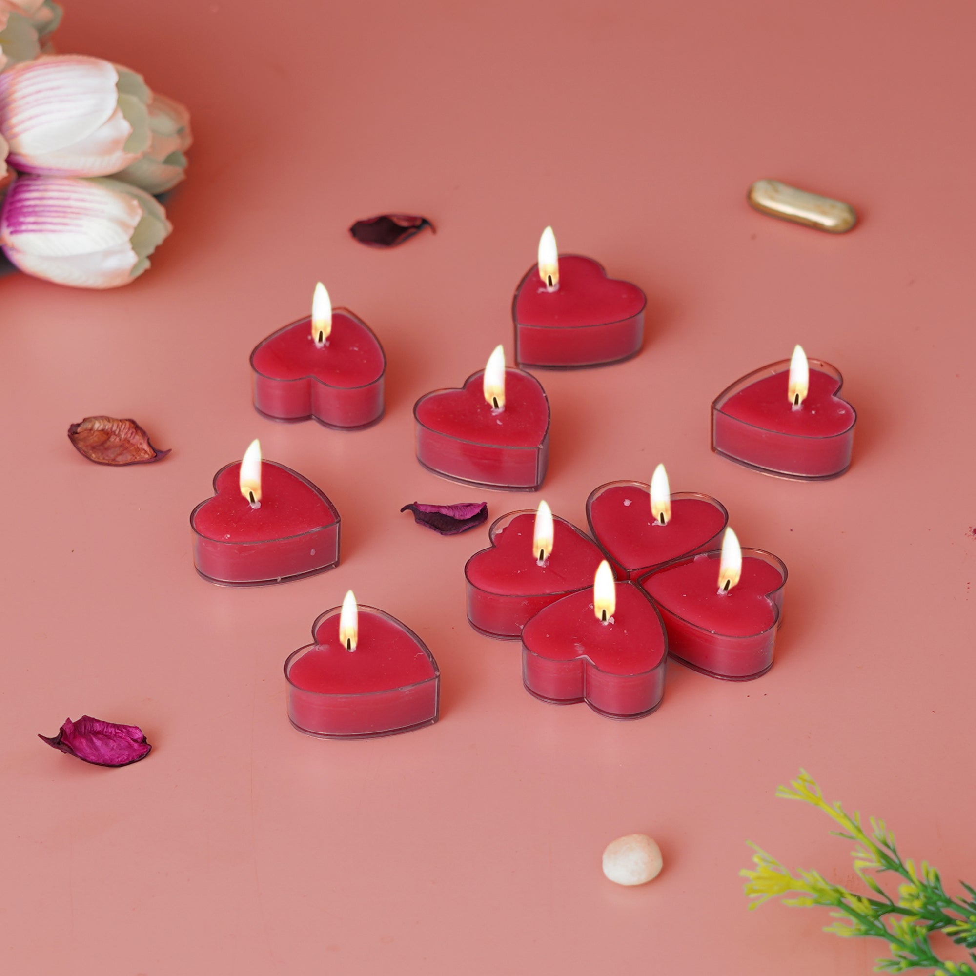 Set Of 10 Romantic Heart Shaped Rose Scented Tea Light Candles 1