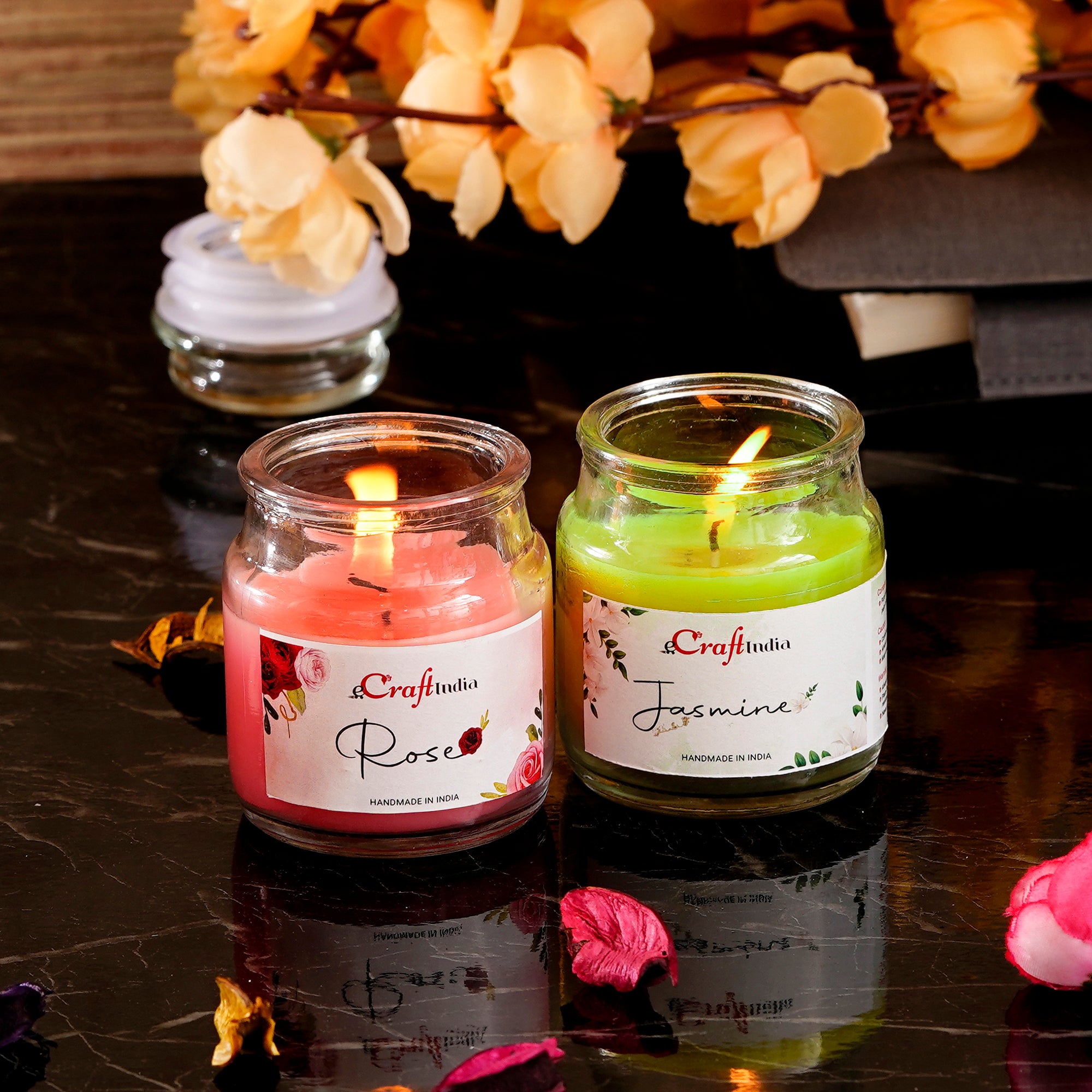 Set of 2 Jasmine and Rose Scented Jar Candle - eCraftIndia Online