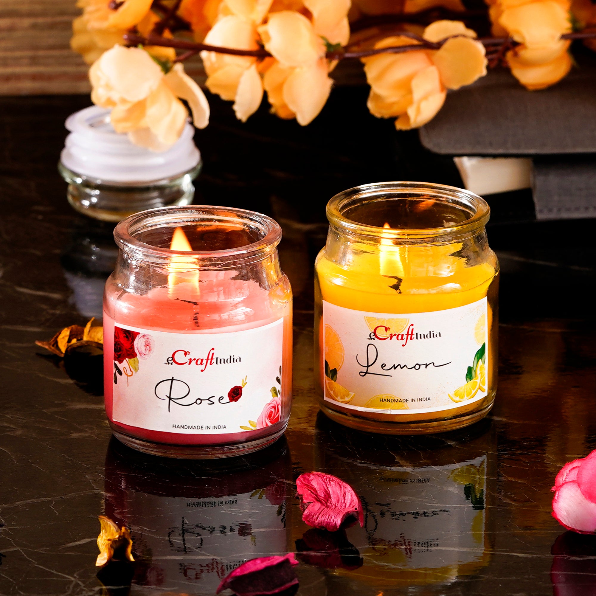 Set of 2 Lemon and Rose Scented Jar Candle - eCraftIndia Online