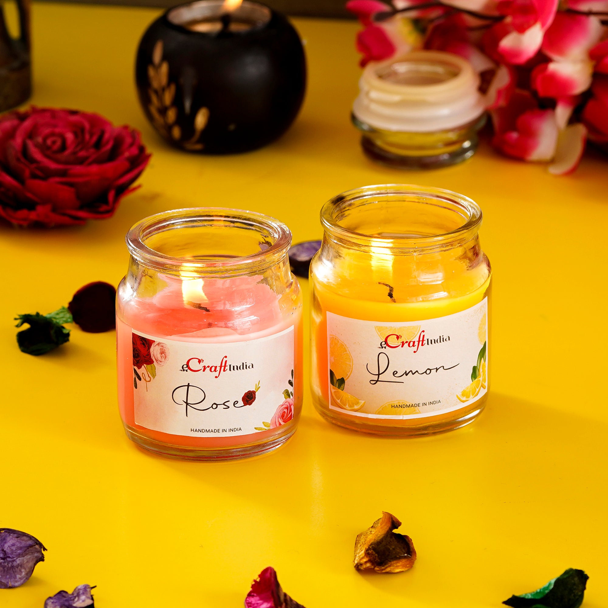 Set of 2 Lemon and Rose Scented Jar Candle - eCraftIndia Online