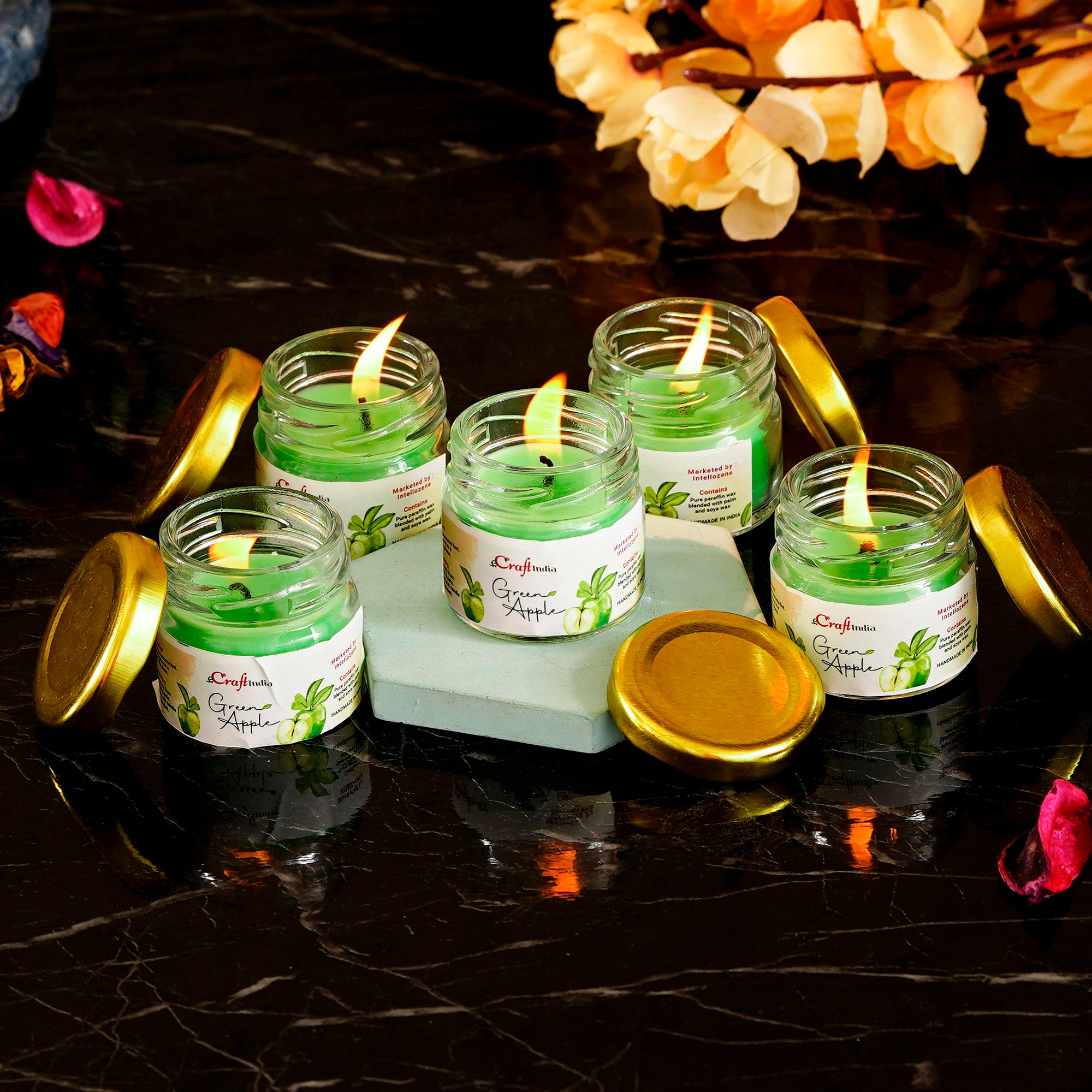 Set Of 5 Mini Jar Green Apple Scented Candles
