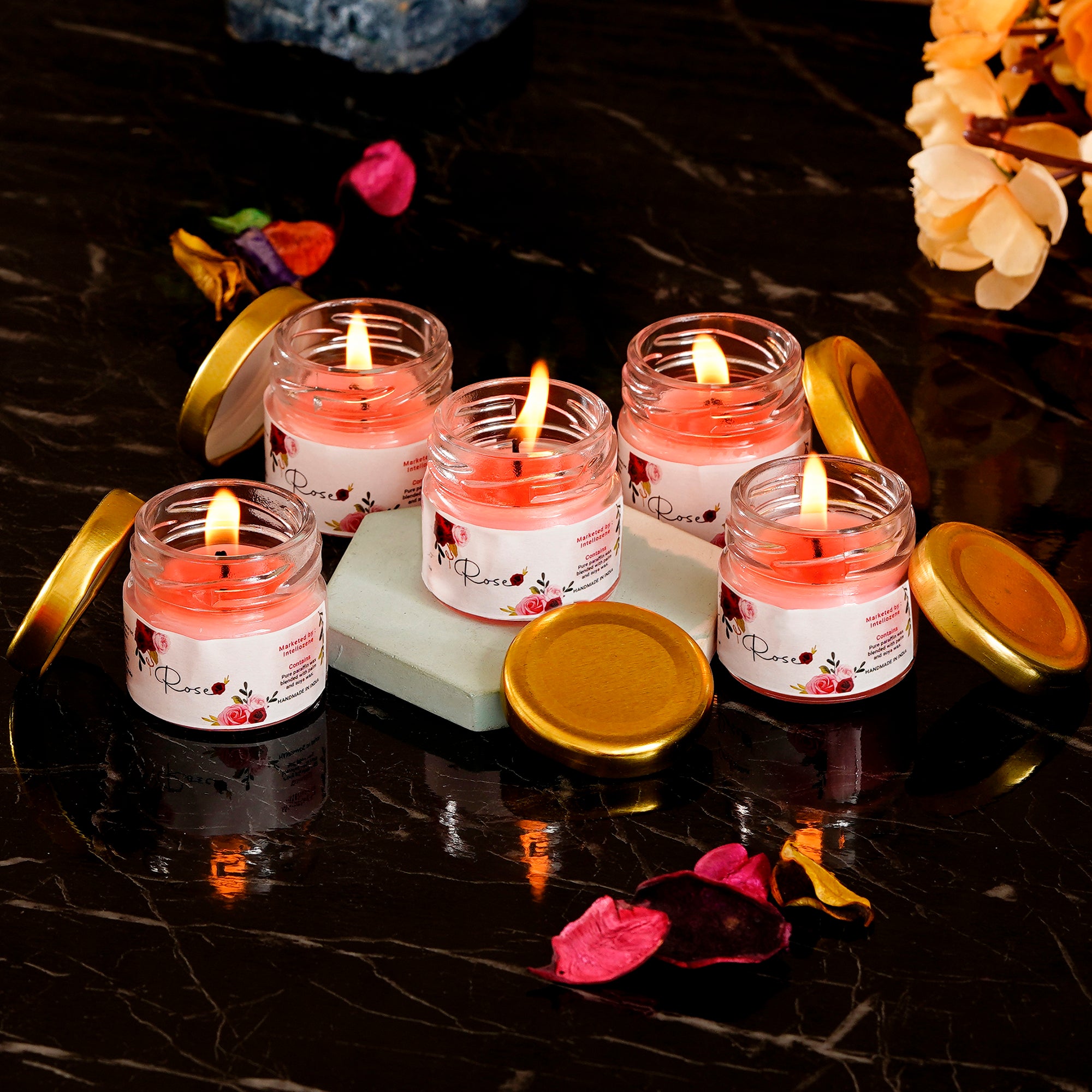 Set Of 5 Mini Jar Rose Scented Candles
