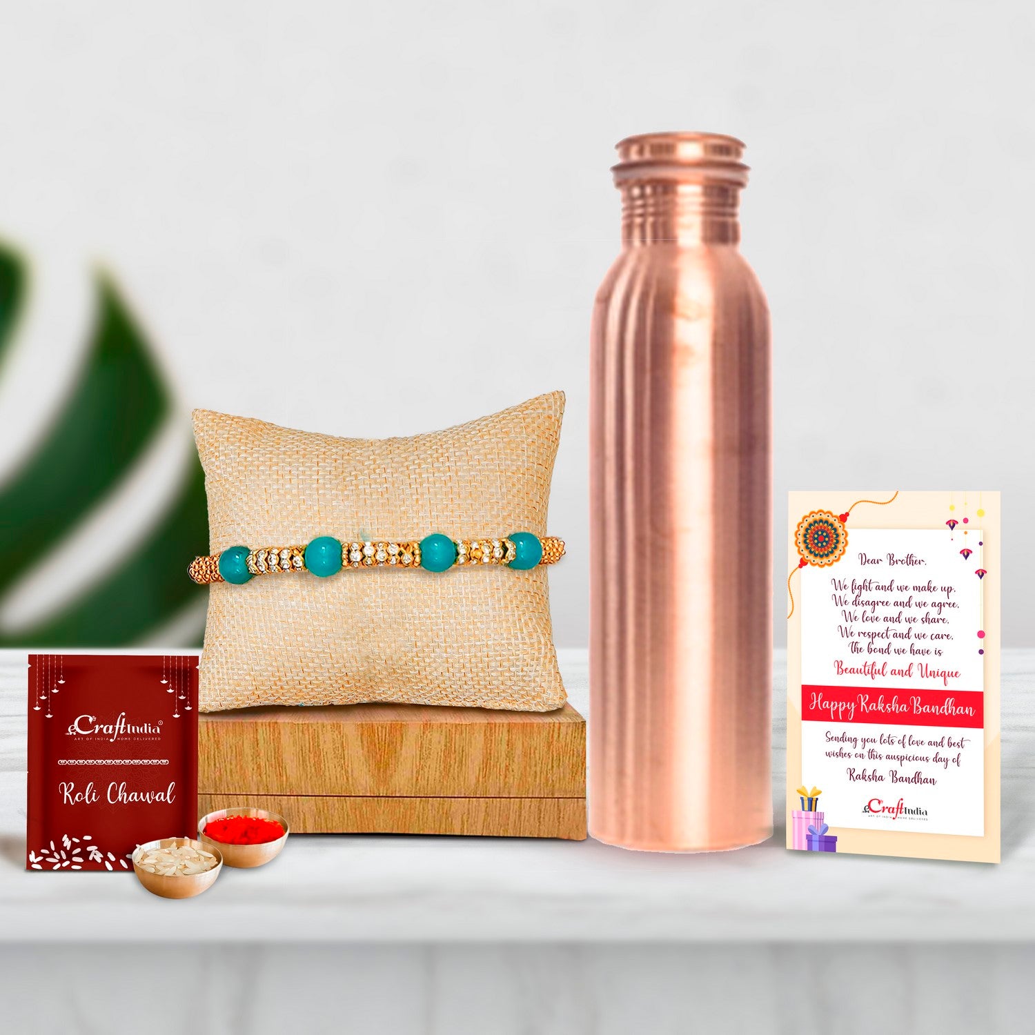 Designer Pearl Rakhi with  Thermos Design Copper Bottle for Healing & Travelling Purpose, 1000 ML  and Roli Chawal Pack, Best Wishes Greeting Card