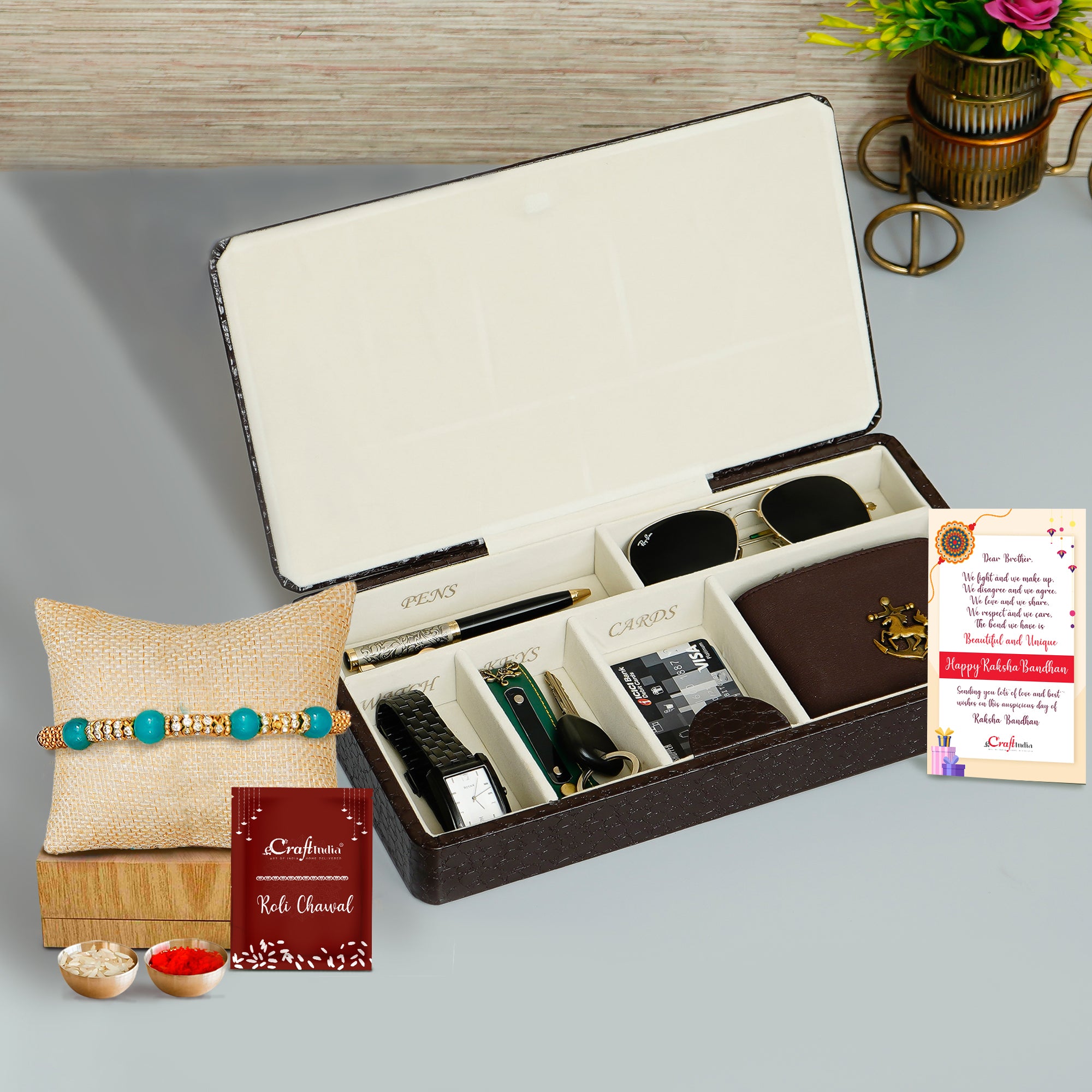 Designer Pearl Rakhi with Premium Rexine Multiutility Organizer Box and Roli Chawal Pack, Best Wishes Greeting Card