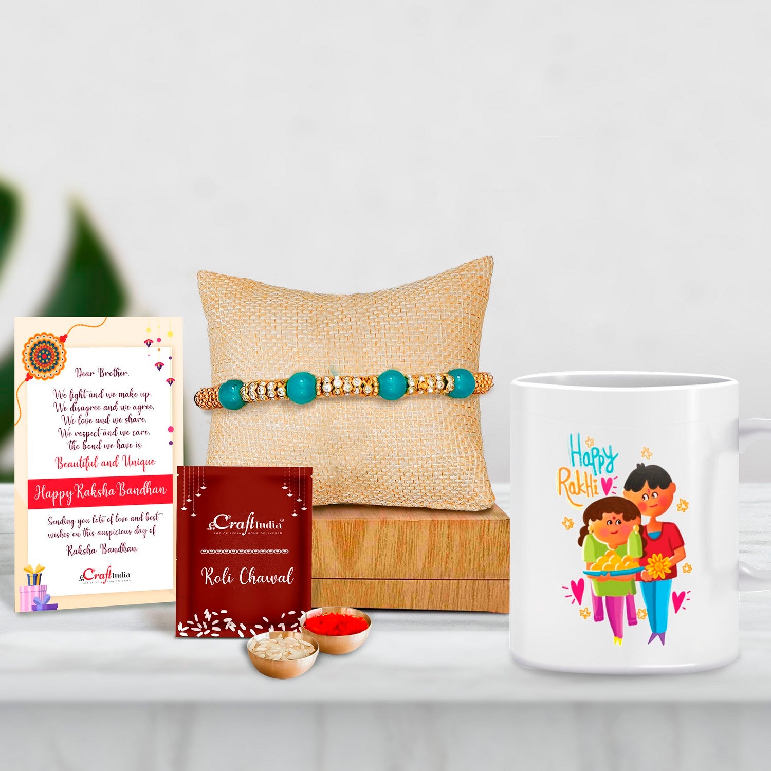 Designer Pearl Rakhi with Mug for Brother and Roli Chawal Pack, Best Wishes Greeting Card