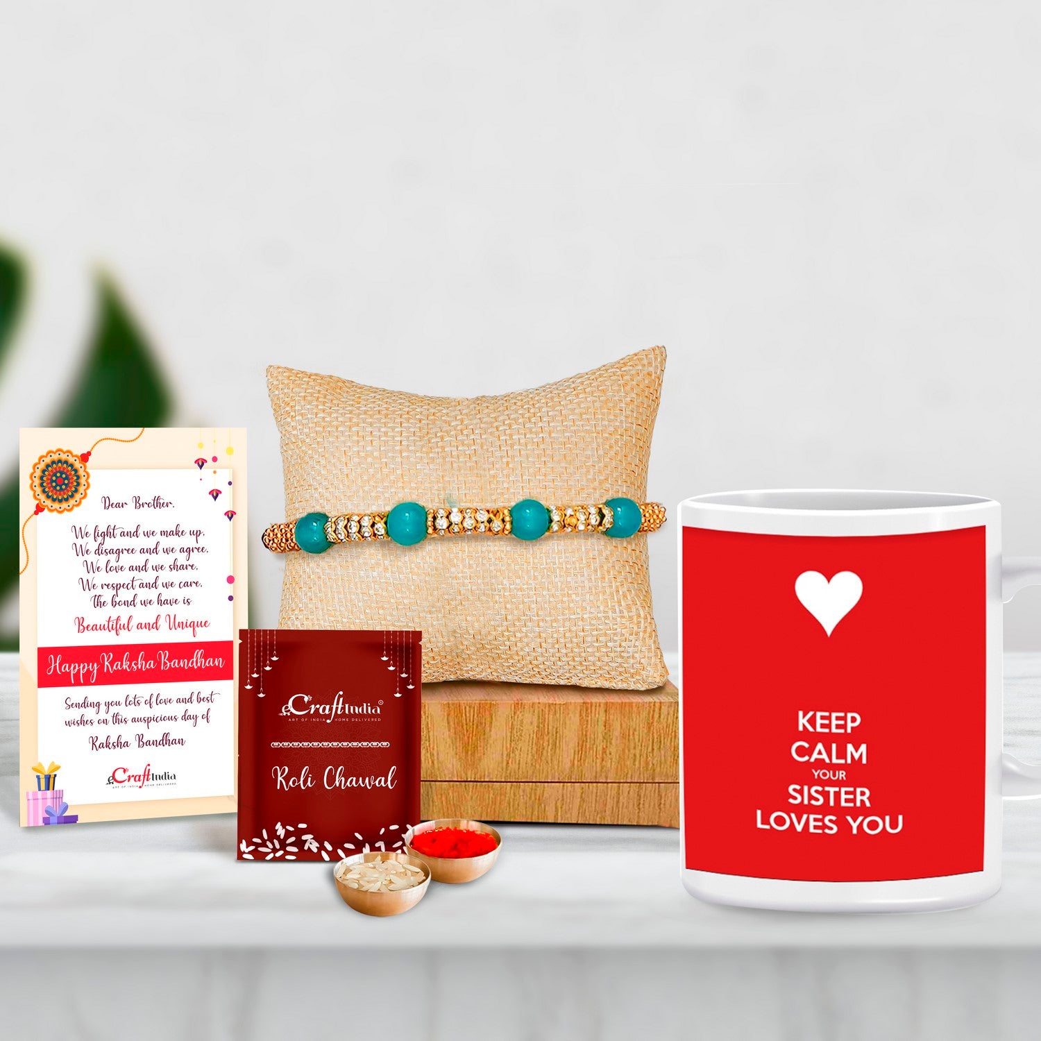 Designer Pearl Rakhi with Mug for Brother and Roli Chawal Pack, Best Wishes Greeting Card