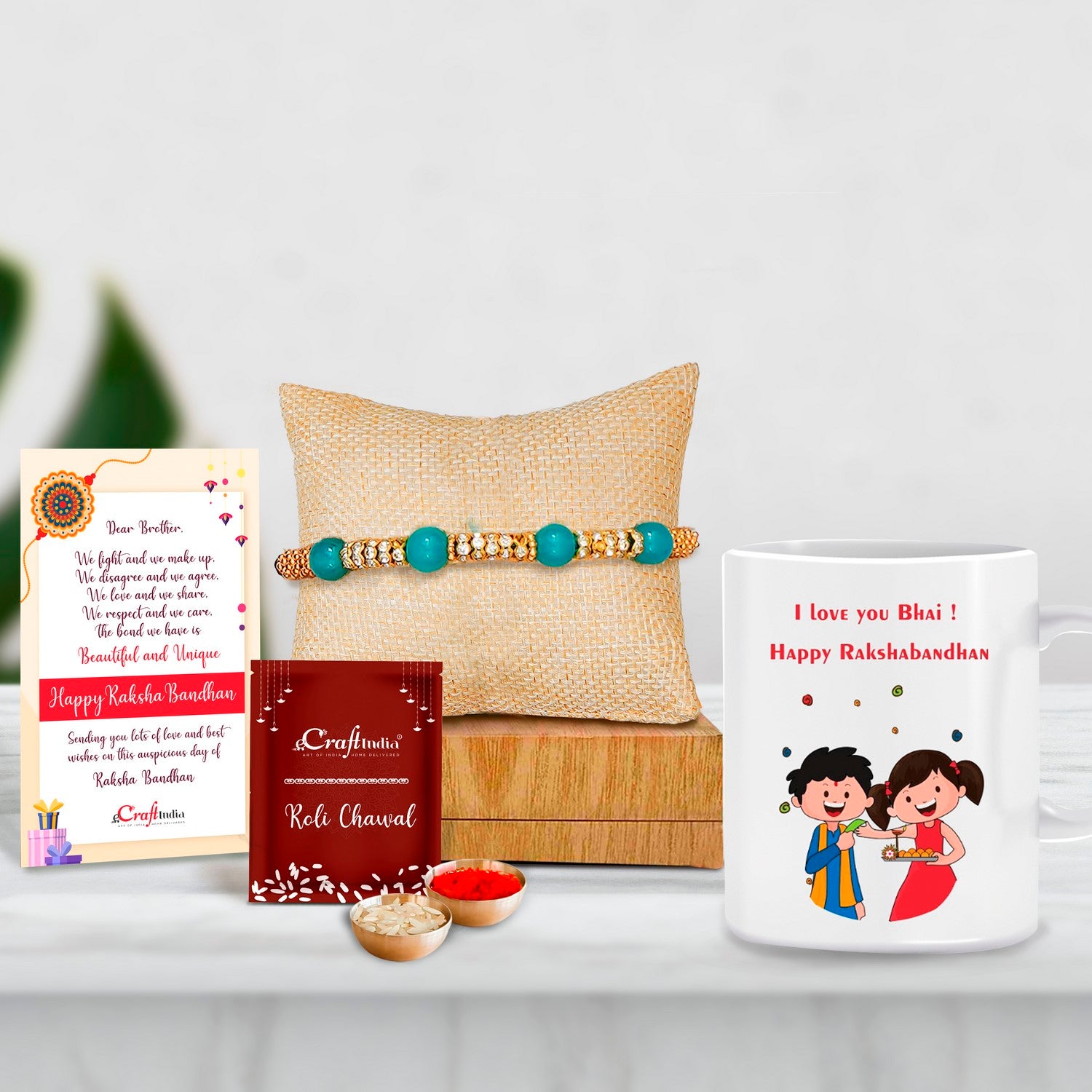 Designer Pearl Rakhi with Mug for Brother and Roli Chawal Pack, Best Wishes Greeting Card