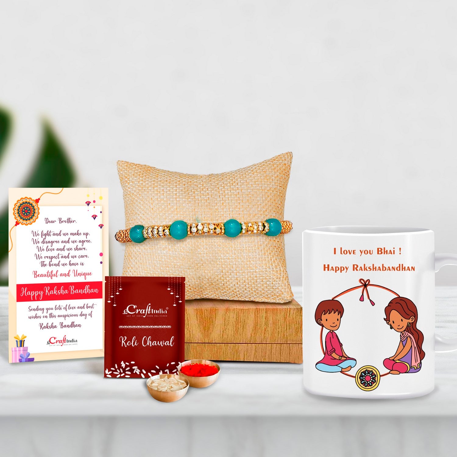 Designer Pearl Rakhi with Mug for Brother and Roli Chawal Pack, Best Wishes Greeting Card