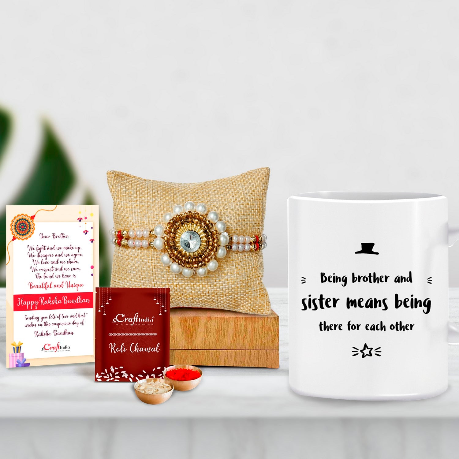 Designer Handcrafted Stone Pearl Rakhi with Mug for Brother and Roli Chawal Pack, Best Wishes Greeting Card