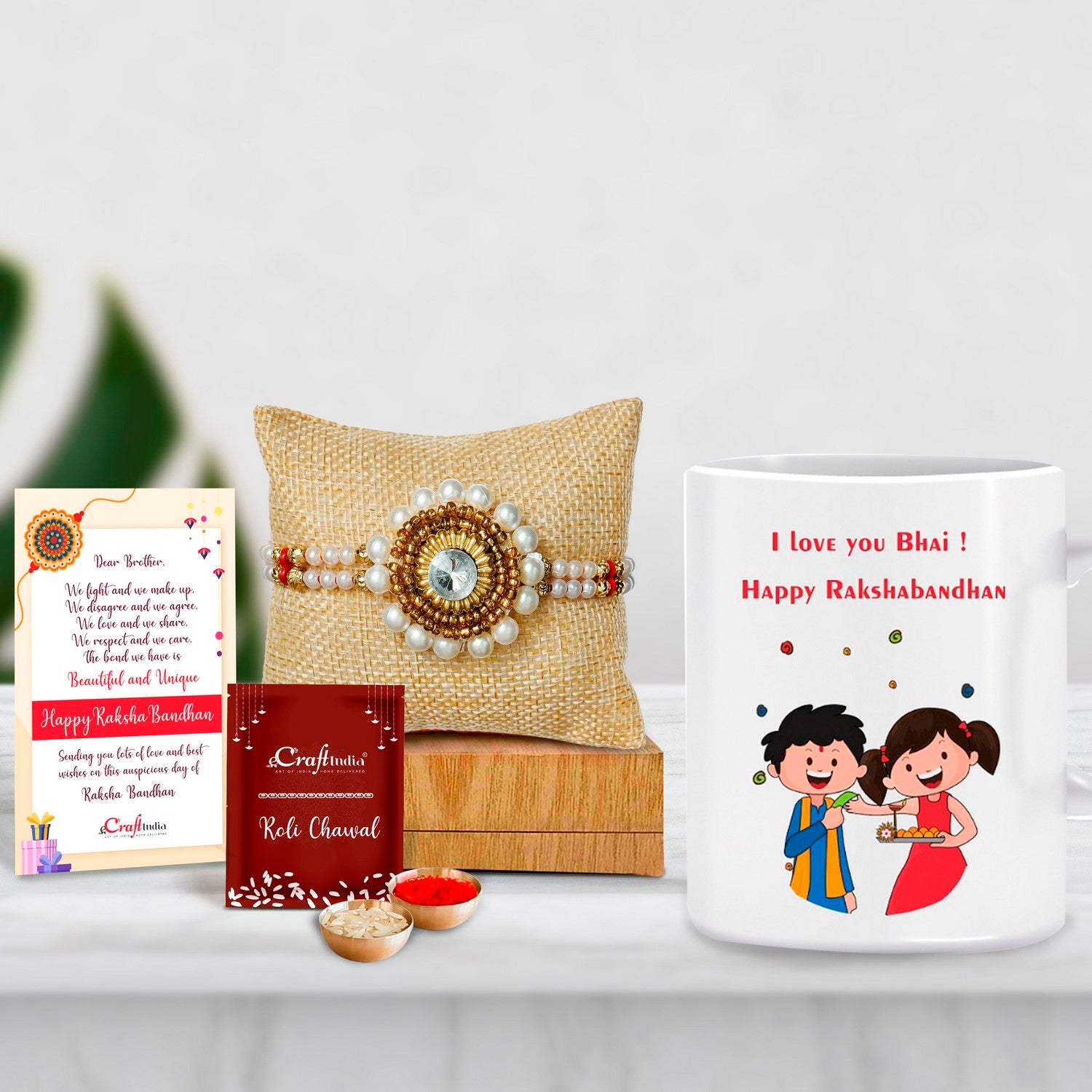 Designer Handcrafted Stone Pearl Rakhi with Mug for Brother and Roli Chawal Pack, Best Wishes Greeting Card