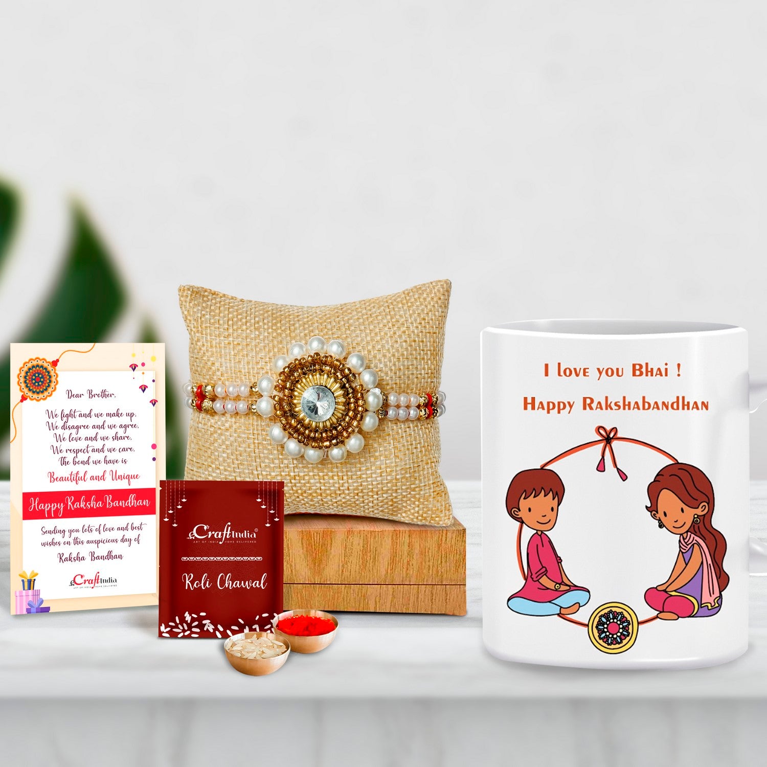 Designer Handcrafted Stone Pearl Rakhi with Mug for Brother and Roli Chawal Pack, Best Wishes Greeting Card