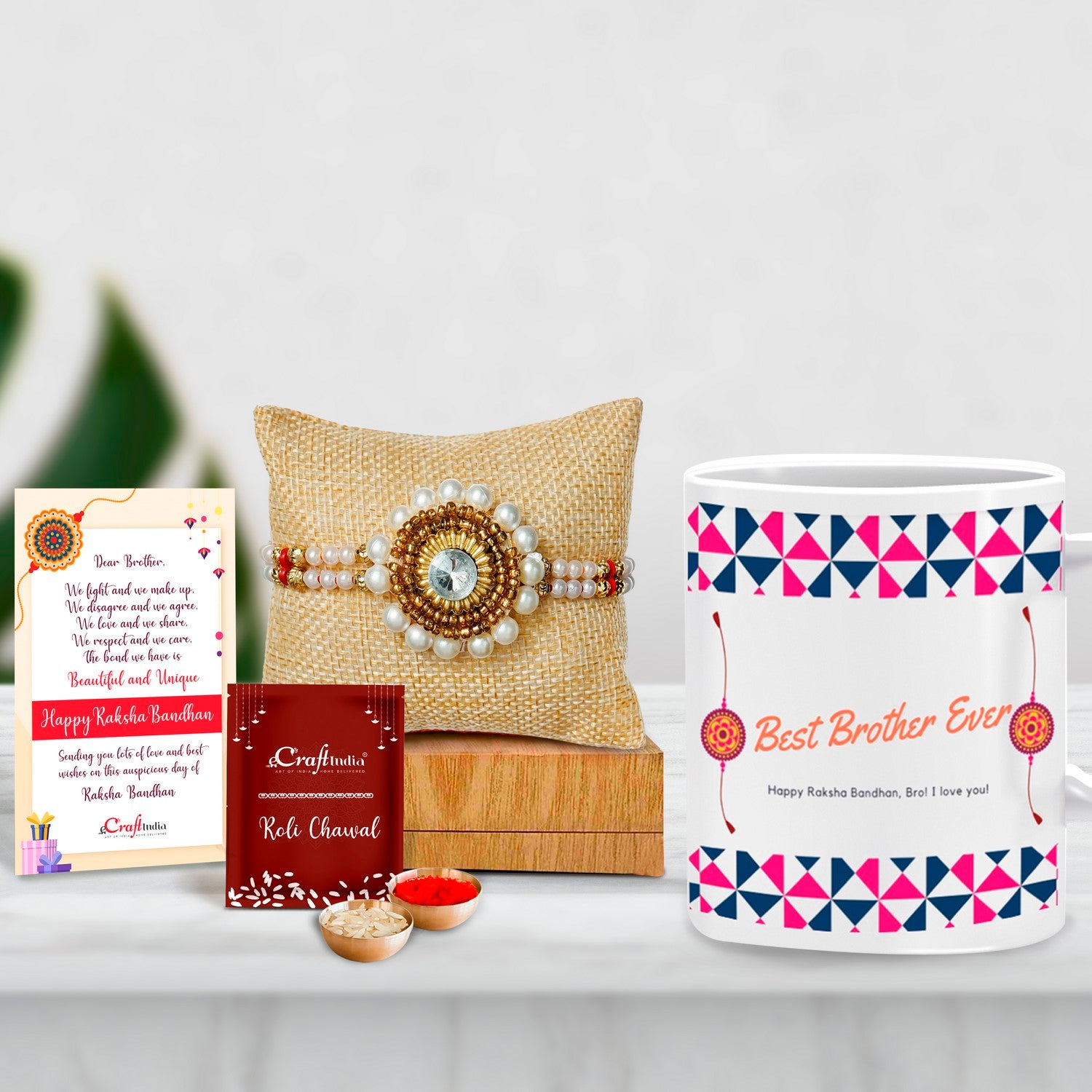 Designer Handcrafted Stone Pearl Rakhi with Mug for Brother and Roli Chawal Pack, Best Wishes Greeting Card