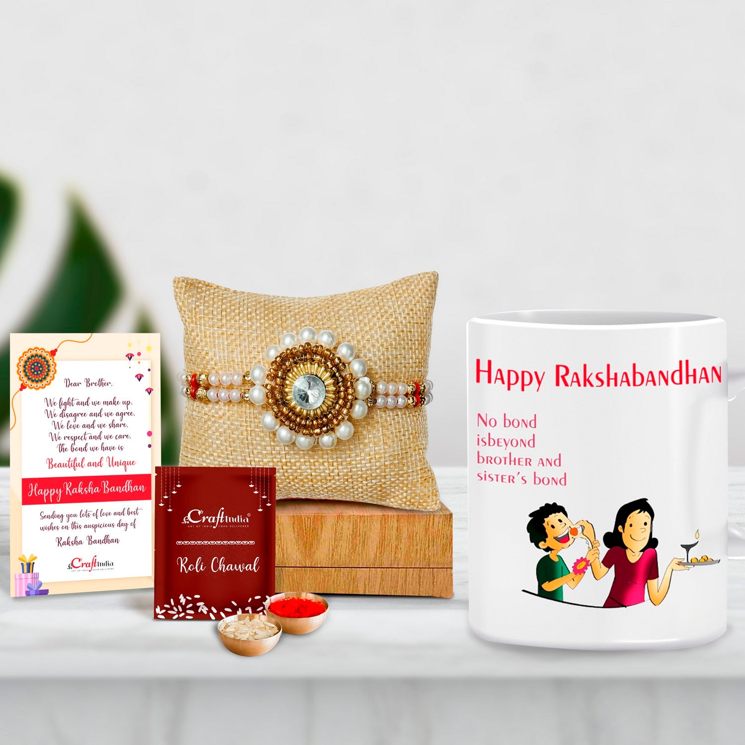 Designer Handcrafted Stone Pearl Rakhi with Mug for Brother and Roli Chawal Pack, Best Wishes Greeting Card