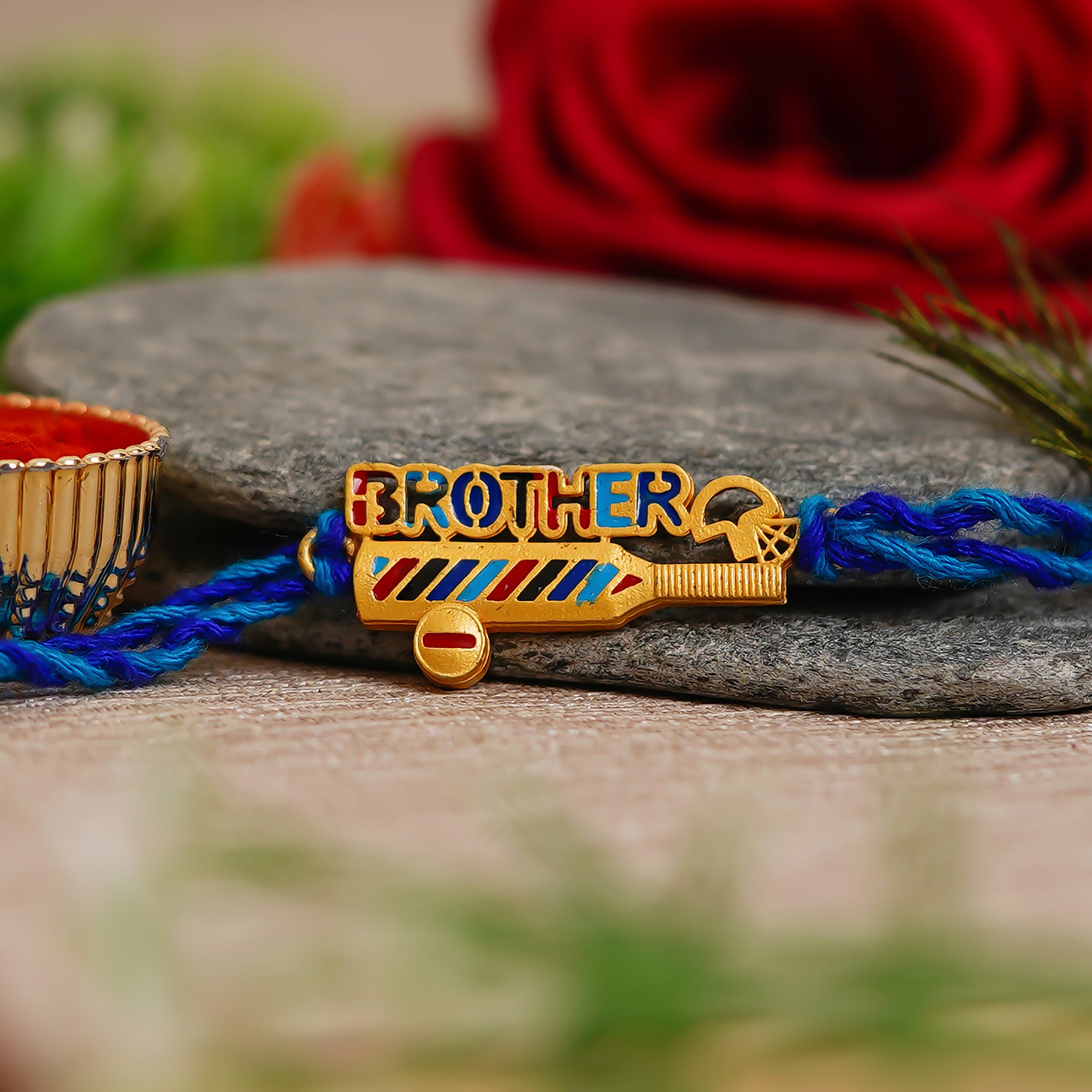 Golden with Blue Fancy Brother Rakhi and Roli Chawal Pack