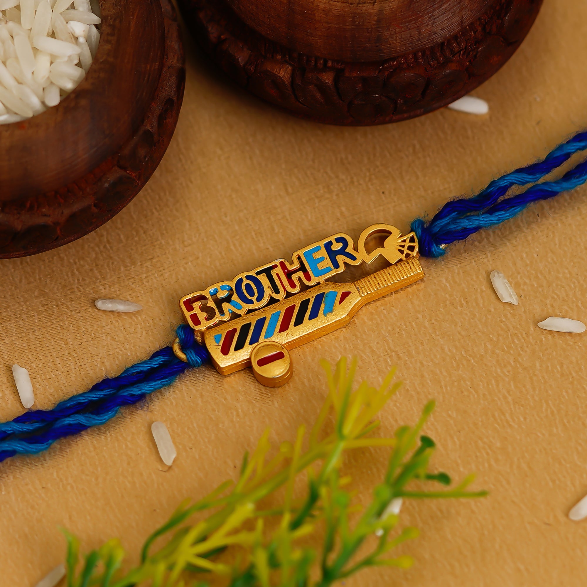 Golden with Blue Fancy Brother Rakhi and Roli Chawal Pack 1