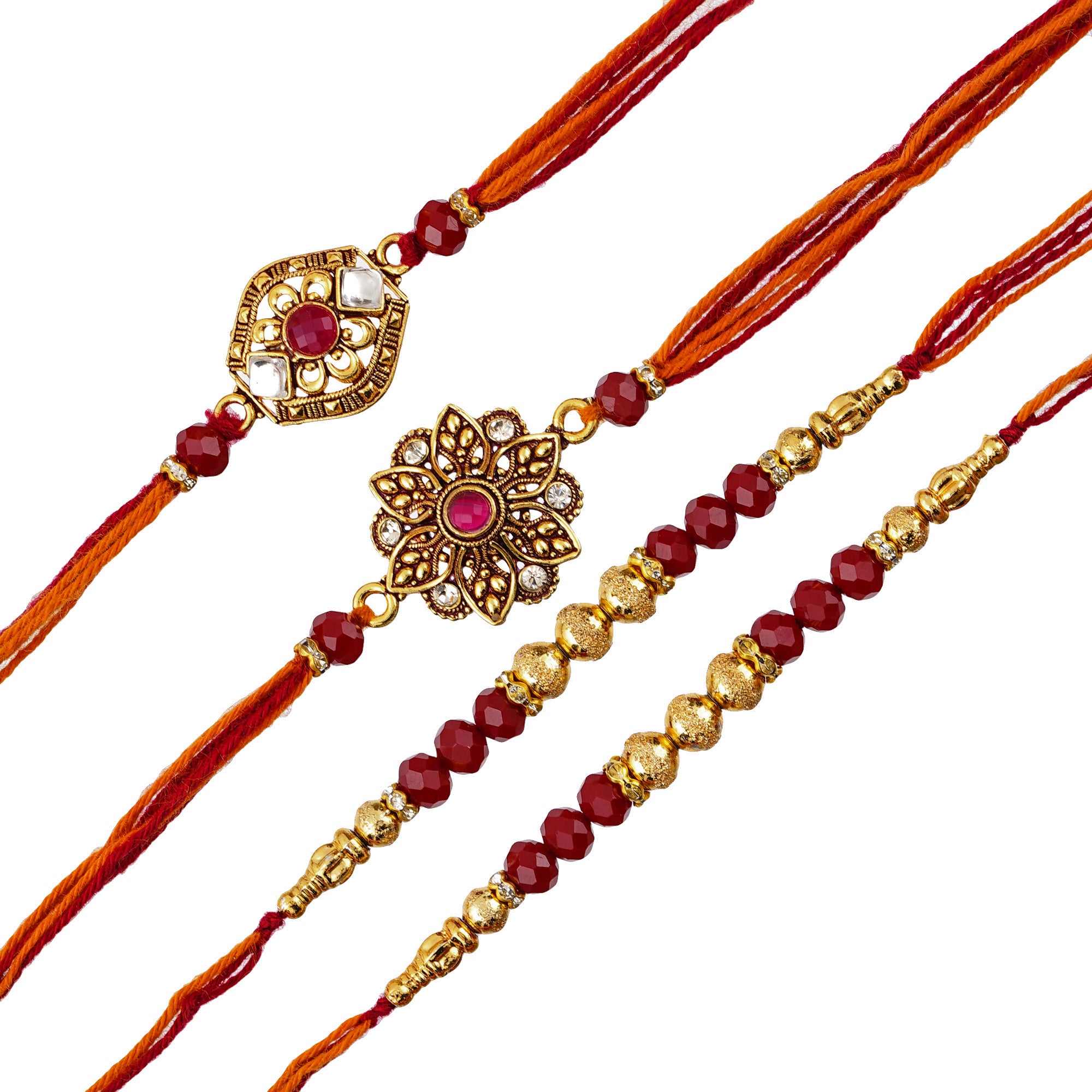 Red & Golden Pack of 4 Designer Rakhis and Roli Chawal Pack 2