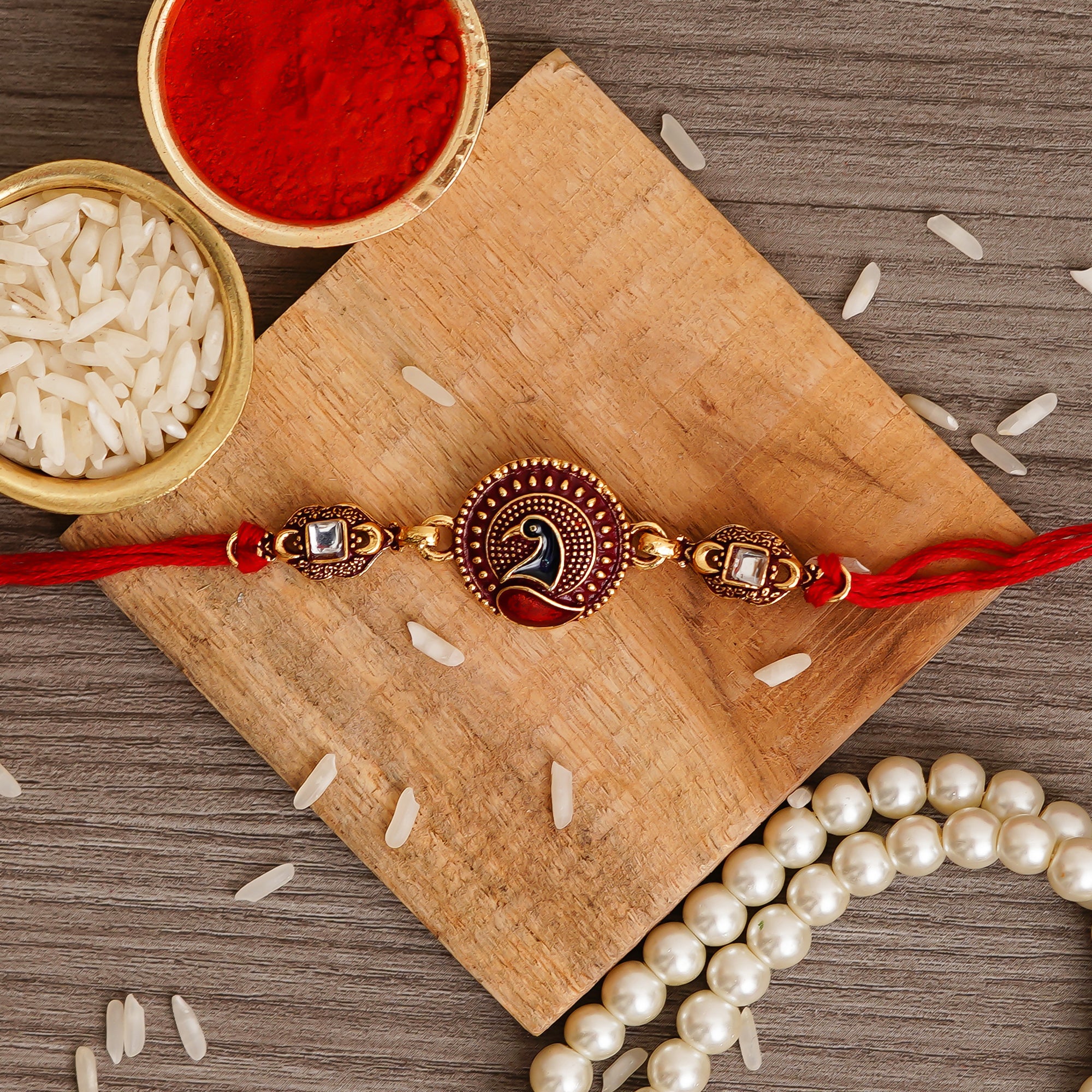 Multicolor Peacock Designer Rakhi and Roli Chawal Pack 1