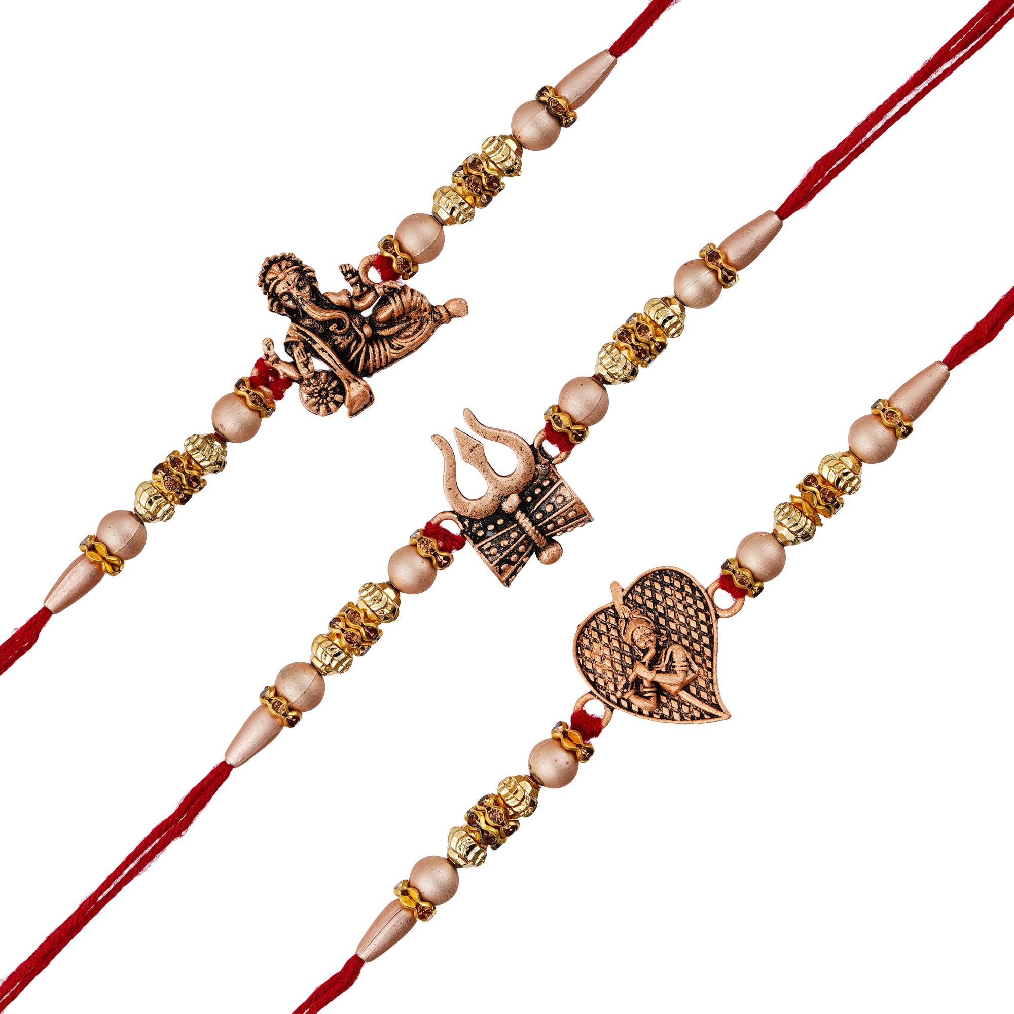 Red & Golden Set of 3 Trishul with Damru, Lord Ganesha, & Lord Krishna Playing Flute Religious Rakhis with Roli Chawal Pack 2