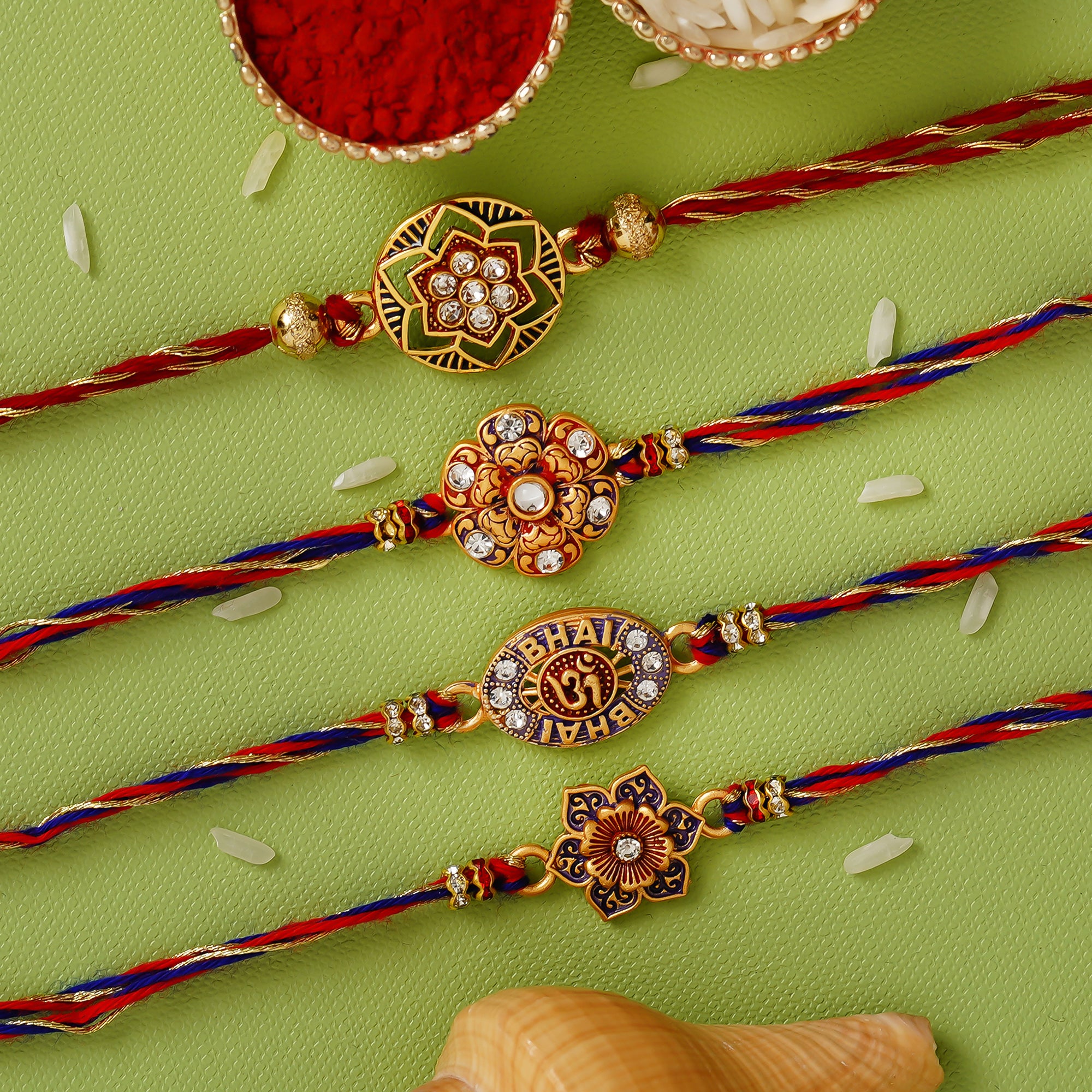 Multicolor Pack of 4 Designer Rakhis and Roli Chawal Pack