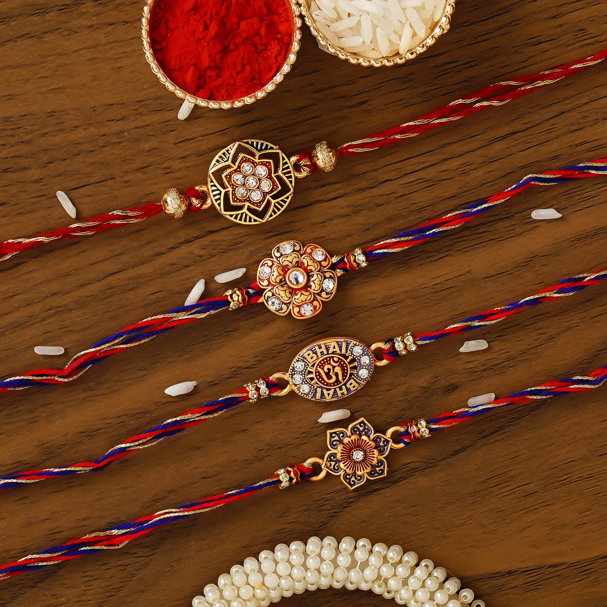 Multicolor Pack of 4 Designer Rakhis and Roli Chawal Pack 1