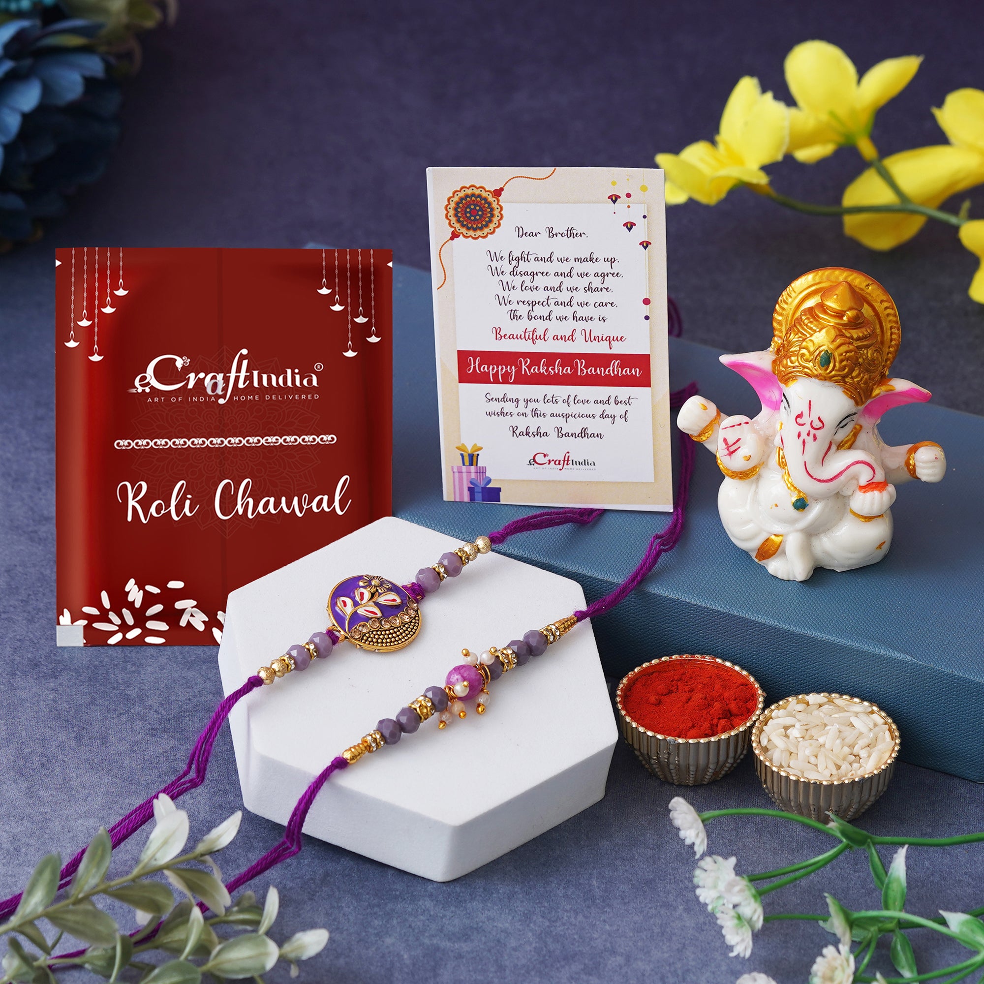 Set of 2 Purple Floral & Pearl Designer Rakhis, Lord Ganesha Idol, Roli Chawal Pack, Greeting Card