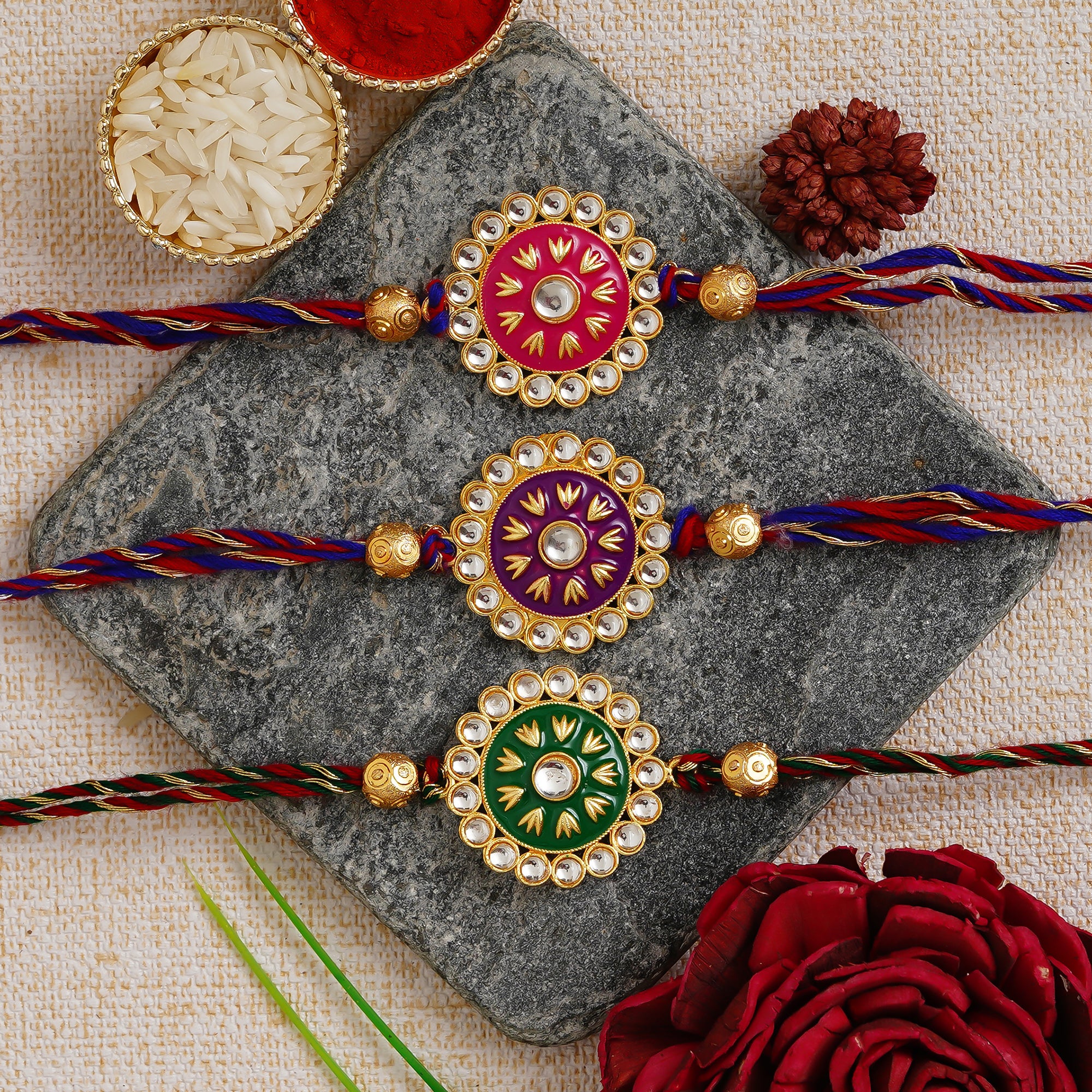 Red, Green & Maroon Pack of 3 Meenakari Designer Rakhis and Roli Chawal Pack 1