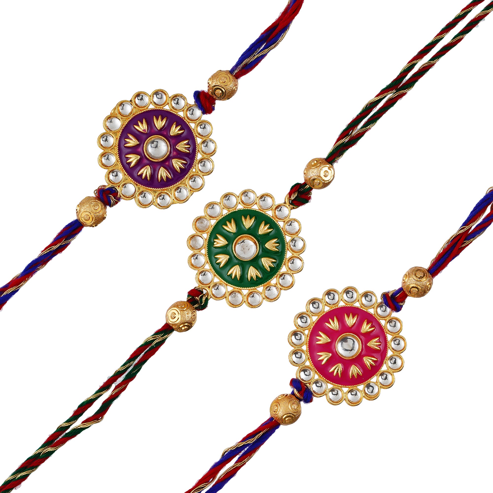 Red, Green & Maroon Pack of 3 Meenakari Designer Rakhis and Roli Chawal Pack 2