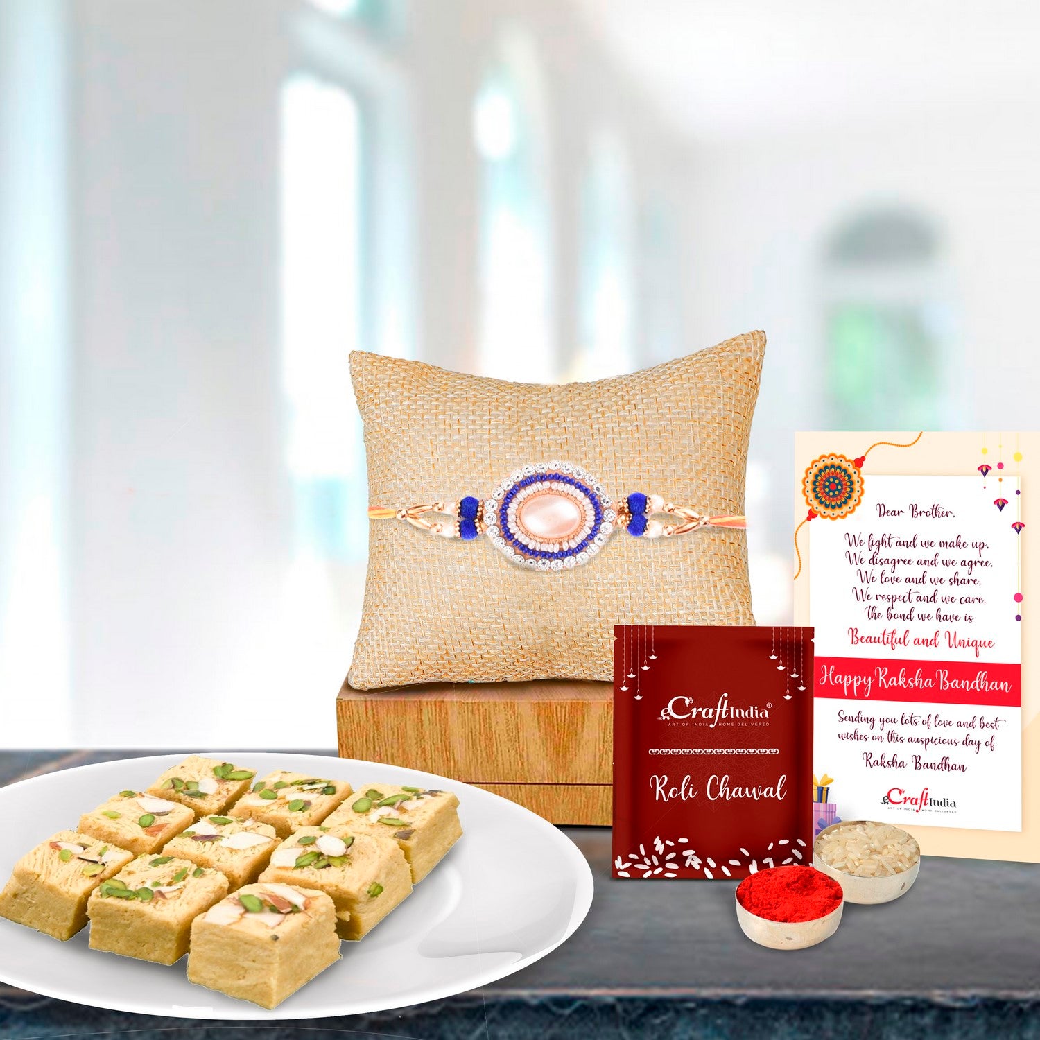 Designer Rakhi with Soan Papdi (500 Gm) and Roli Chawal Pack, Best Wishes Greeting Card