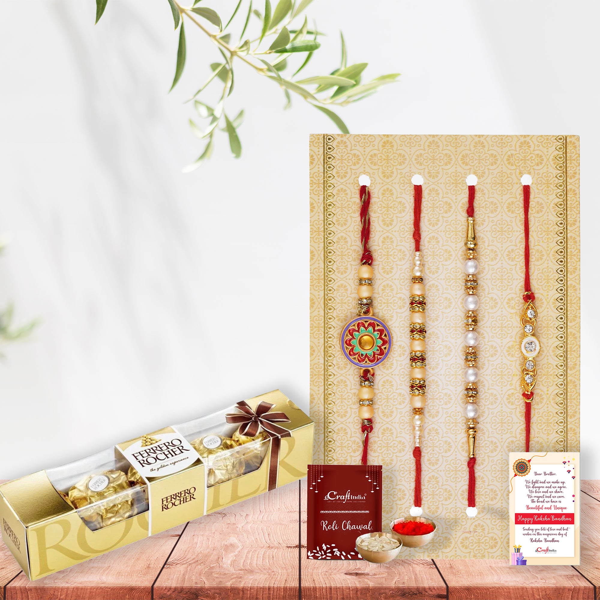 Set of 4 Floral, Pearls, Diamonds, Designer Rakhis with Ferrero Rocher and Roli Chawal Pack, Raksha Bandhan Greeting Card