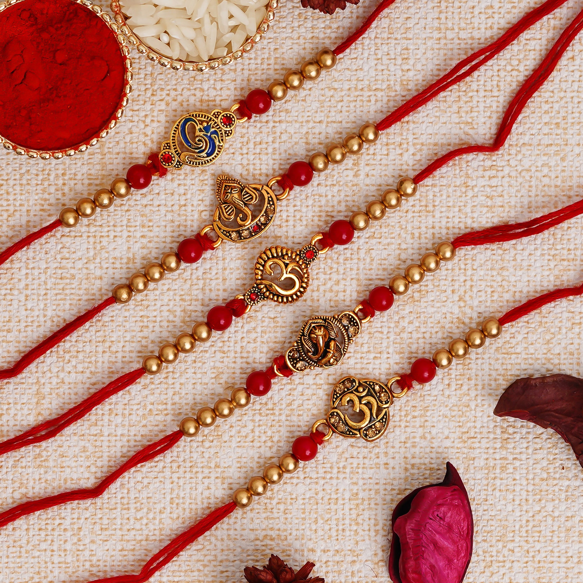 Red & Golden Pack of 5 Designer Religious Rakhis and Roli Chawal Pack 1