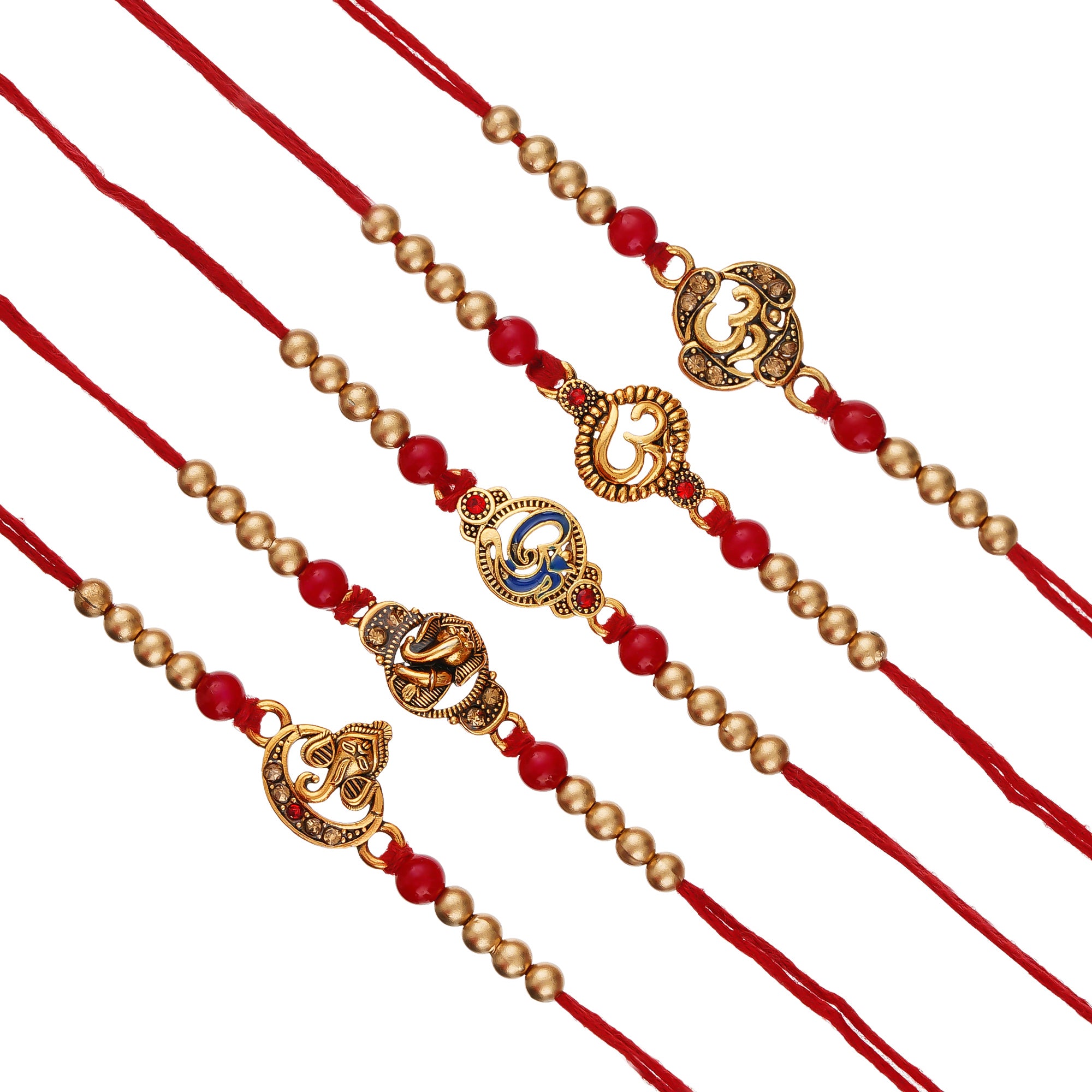 Red & Golden Pack of 5 Designer Religious Rakhis and Roli Chawal Pack 2