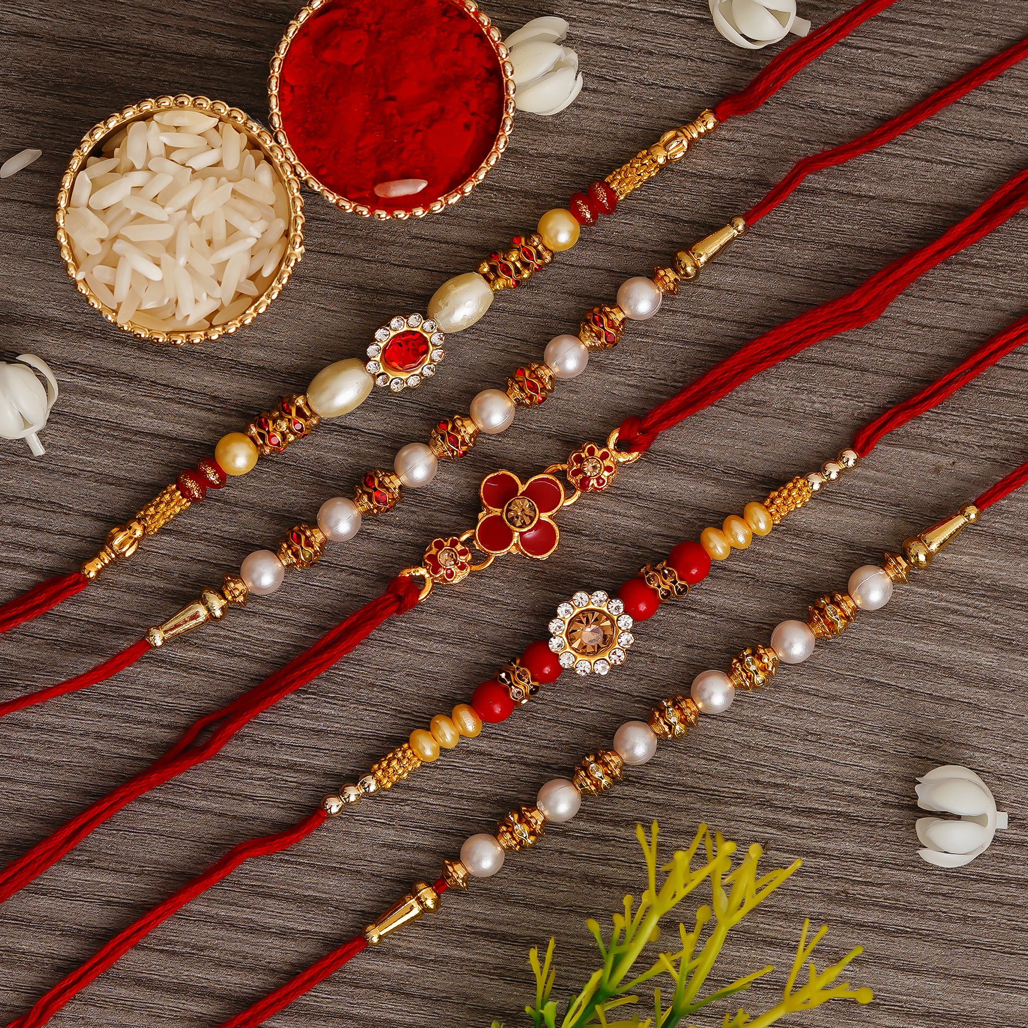 Red, Golden & White Pearl Pack of 5 Designer Rakhis and Roli Chawal Pack 1