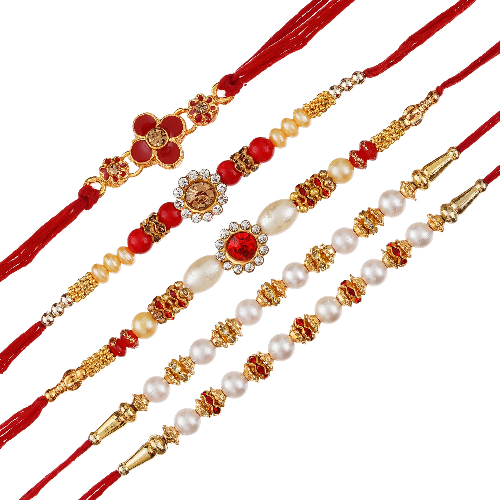 Red, Golden & White Pearl Pack of 5 Designer Rakhis and Roli Chawal Pack 2