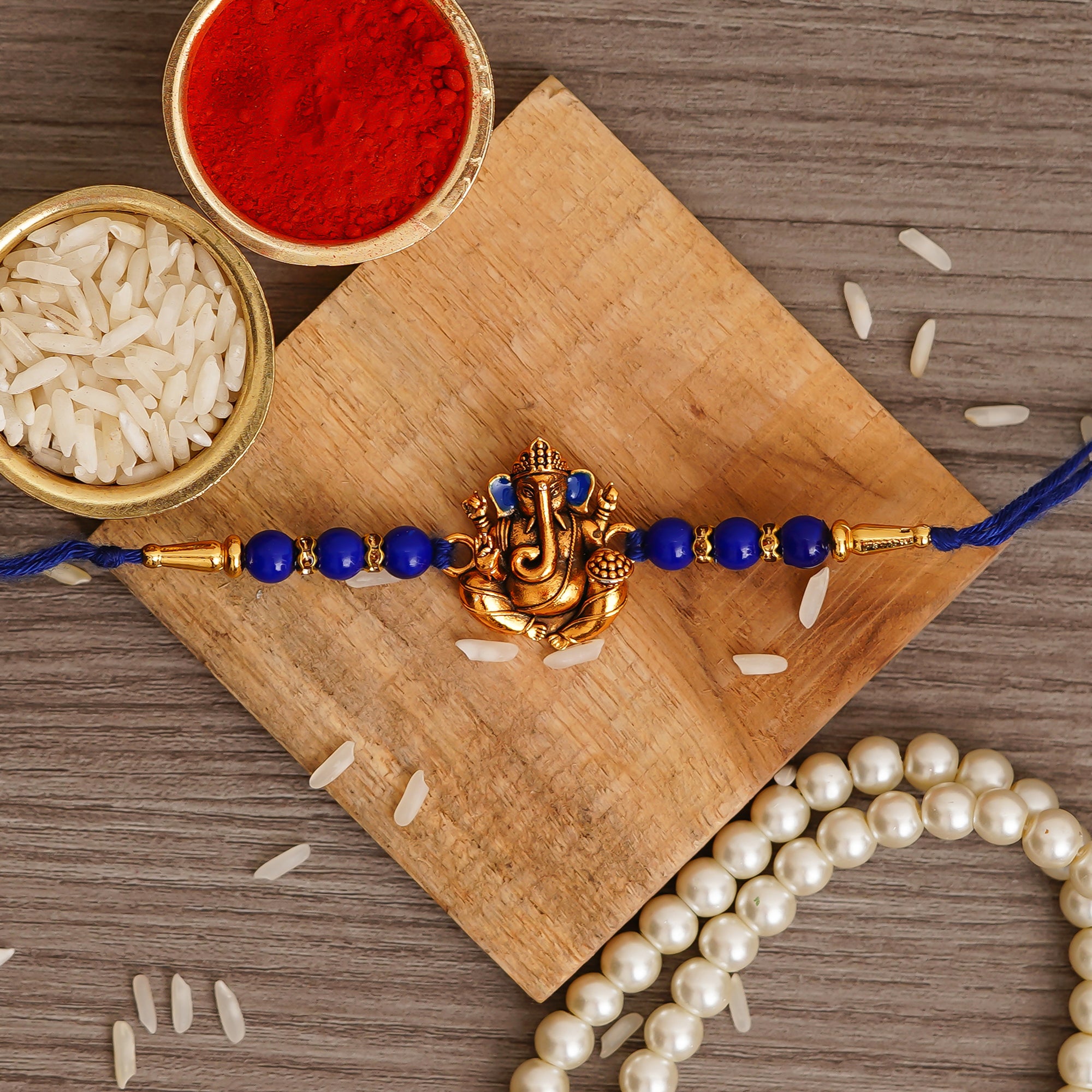eCraftIndia Blue, Golden & Black Set of 5 Semi Precious Designer Rakhi
