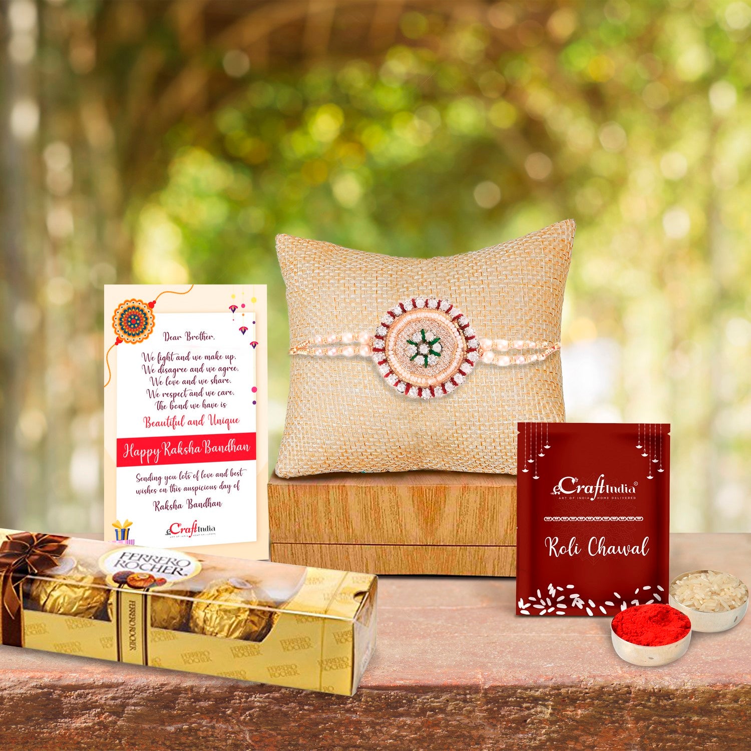 Designer Rakhi with Ferrero Rocher (4 pcs) and Roli Chawal Pack, Best Wishes Greeting Card